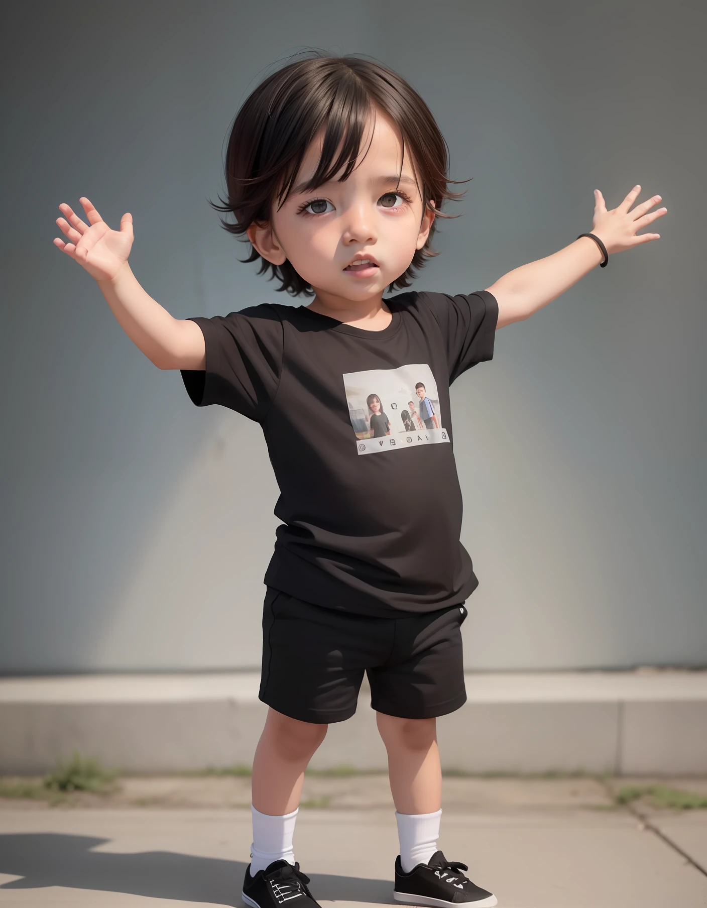 there's a small child who's standing on the sidewalk, garotinho, menino tem cabelo preto curto, Posar(arms up + Feliz), he is wearing a black t-shirt, menino bonito, menino novo, retrato de corpo inteiro, cara fina do menino, vestindo uma camiseta preta, imagem retrato, fotografia de corpo inteiro, Young Child, vestindo camiseta preta, Rosto inocente, Acenando