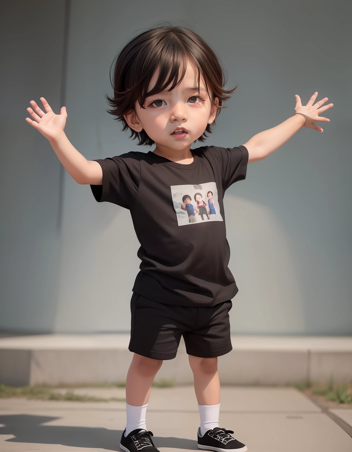 there's a who's standing on the sidewalk, garotinho, menino tem cabelo preto curto, Posar(arms up + Feliz), he is wearing a black t-shirt, menino bonito, menino novo, retrato de corpo inteiro, cara fina do menino, vestindo uma camiseta preta, imagem retrato, fotografia de corpo inteiro, Young Childcamiseta preta, Rosto inocente, Acenando