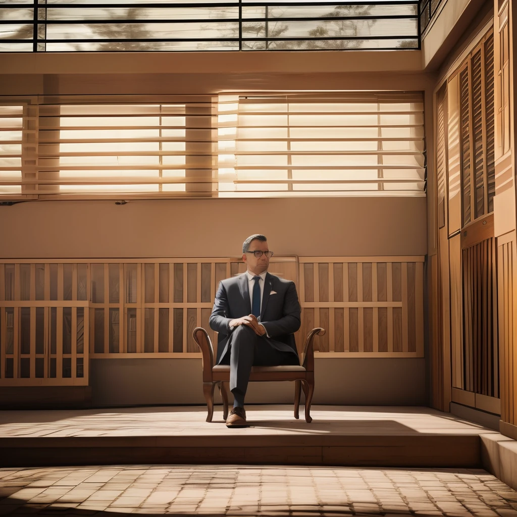 realistic lawyer tired and alone sitting in a chair waiting a long time, 8k, uhd, severe low lighting, alta qualidade, foco nitido, fujifilm XT3 --auto --s2