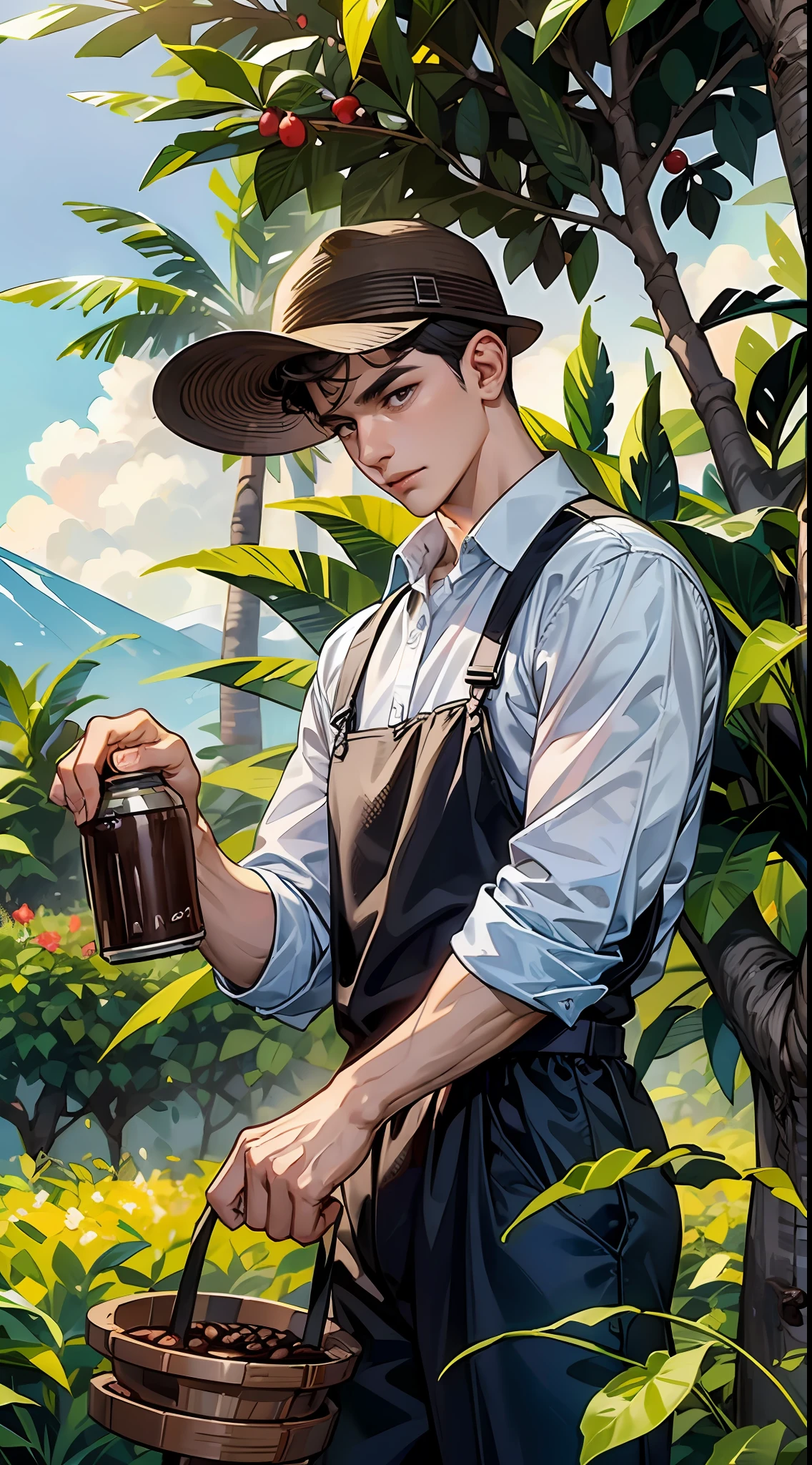 Man picking coffee beans from a tree on a coffee farm, colombiano, celebration of coffee products, picking up a can beans, agricultor, 1614572159, olhando parcialmente para a esquerda, Directed by: Juan O'Gorman, between coffee beans and flowers, tending on arstation