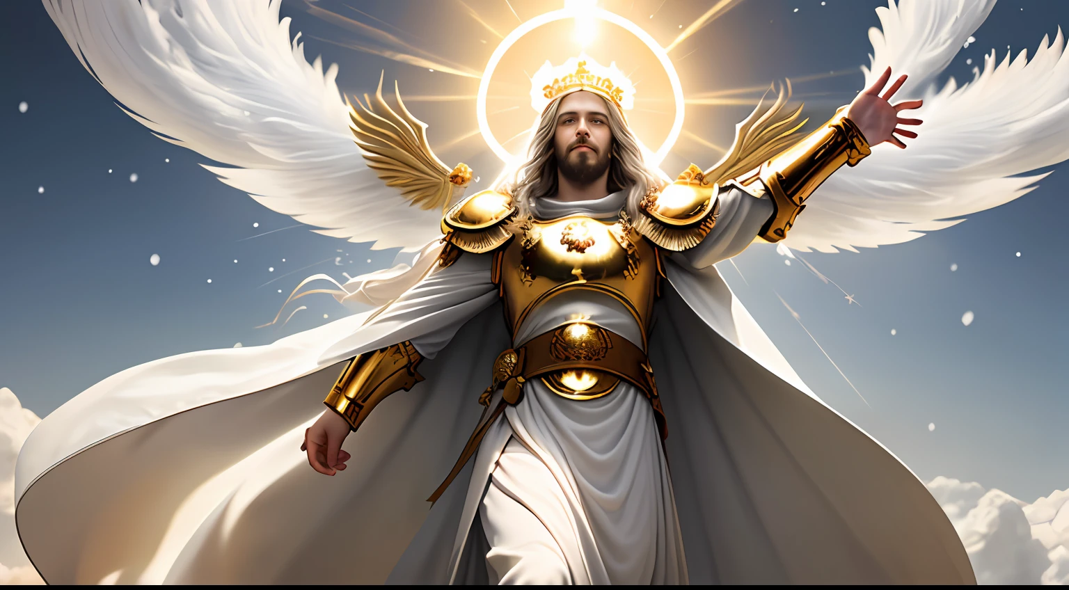 Jesus second coming in the heavens, face like the midday sun, crown, a tunic and a golden breastplate, hair as white as snow, eyes as flames of fire, feet as refined bronze in the furnace, light smile, Surrealism, backlighting, cinematic lighting, high quality, high details, best quality