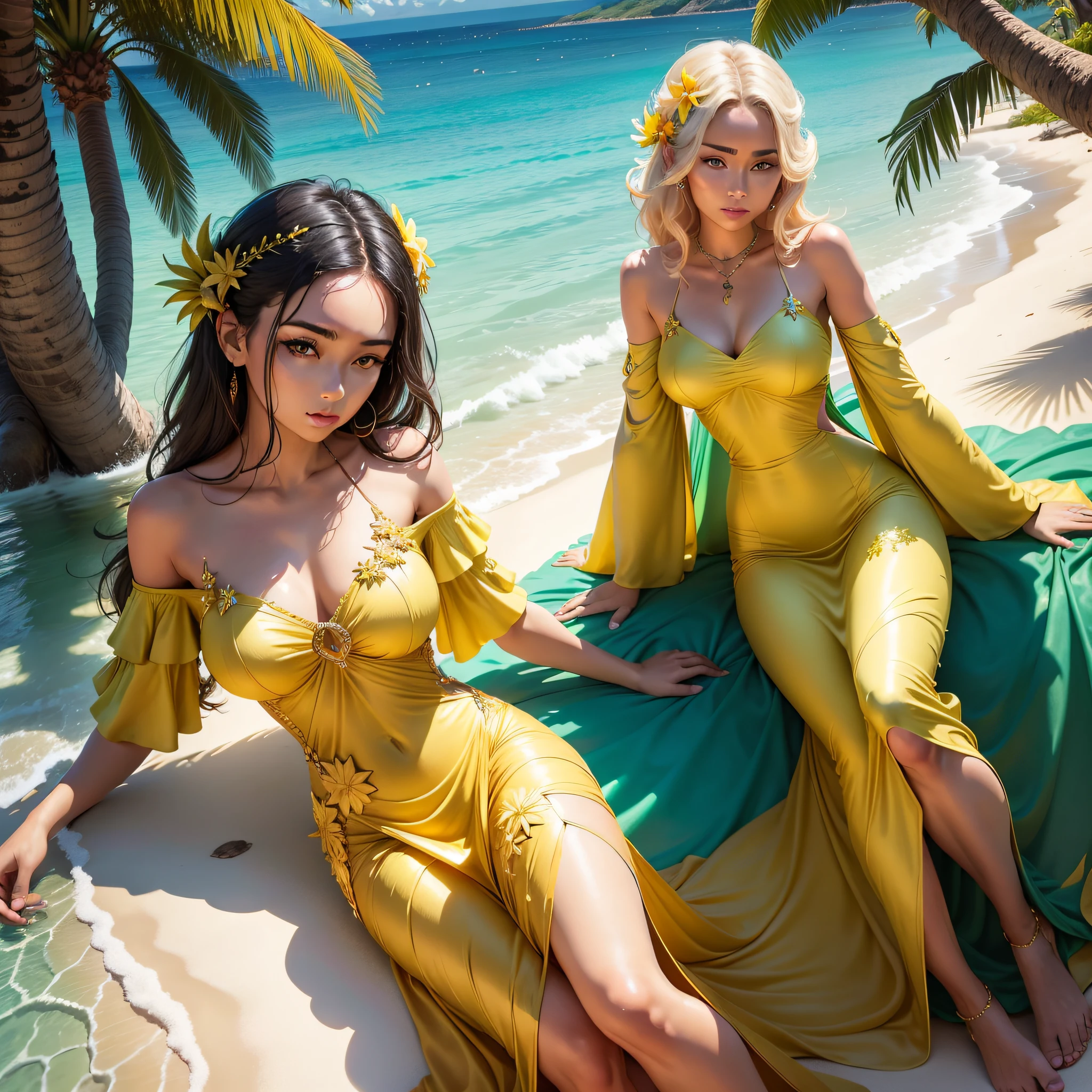 Imagine a stunning woman embodying the allure of a pineapple goddess on a tropical beach. Her flowing yellow and green dress recalls the vibrant colors of a pineapple, and poses gracefully amid undulating palm trees and crystal clear waters.