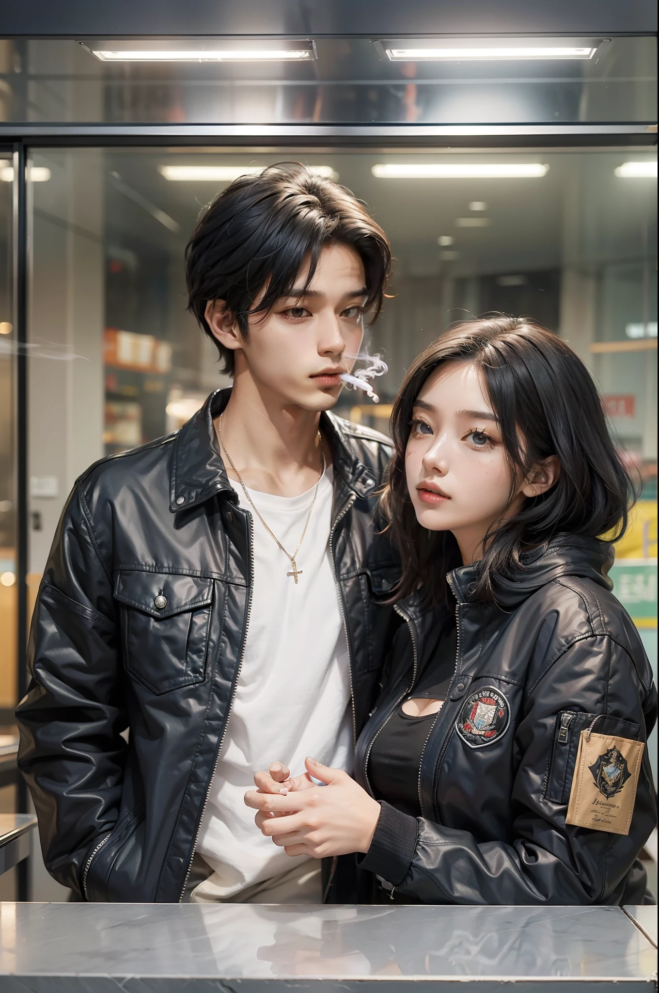 (two people 1.3), (a young man and a woman 1.3), (a woman wearing a black jacket 1.6), (a man wearing a smoking blue)