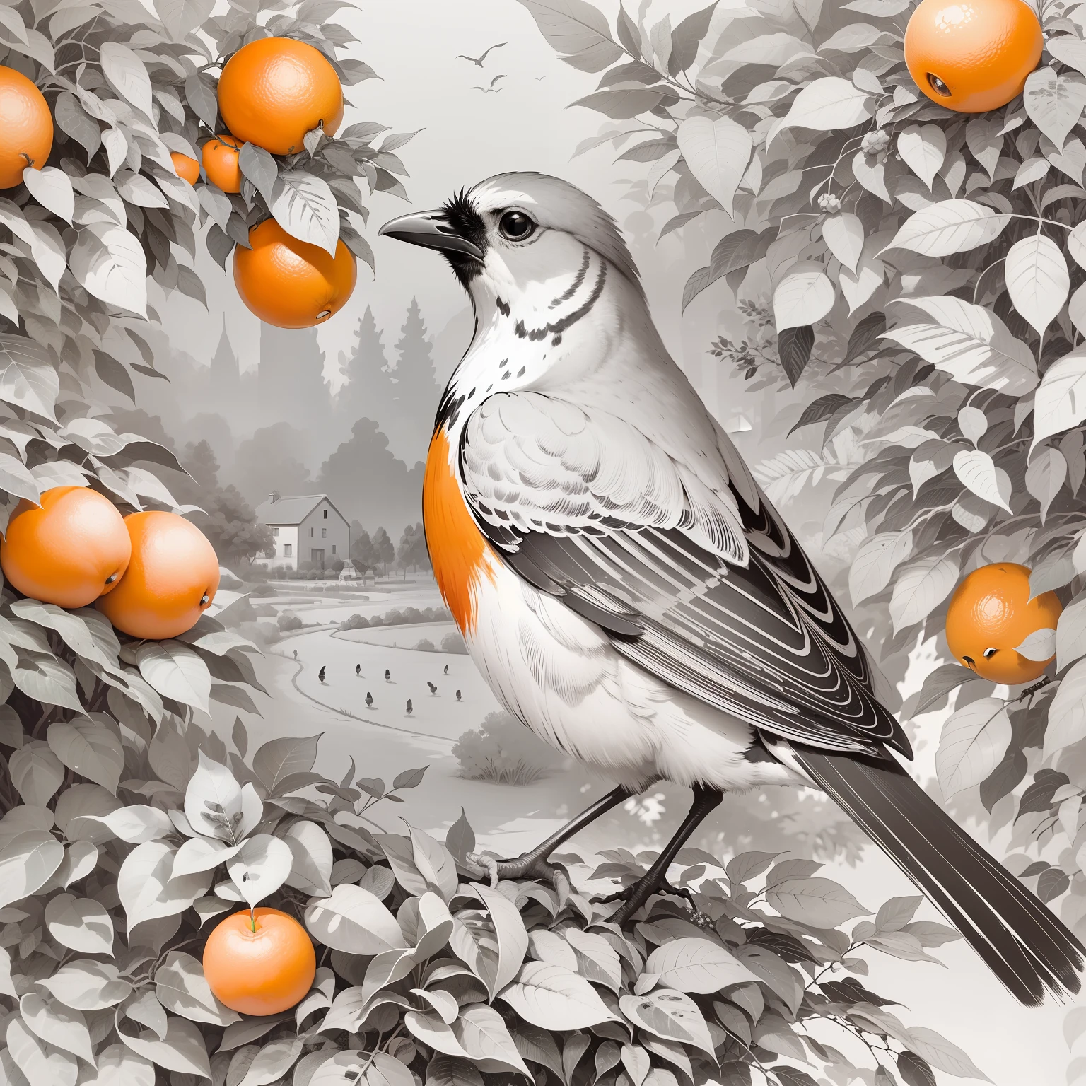 The bird,Orange trees,mont,Country cottage,Orange fruit,Birds as the protagonists,Black and white line drawing,Correct perspective,white backgrounid,Refined line drawings