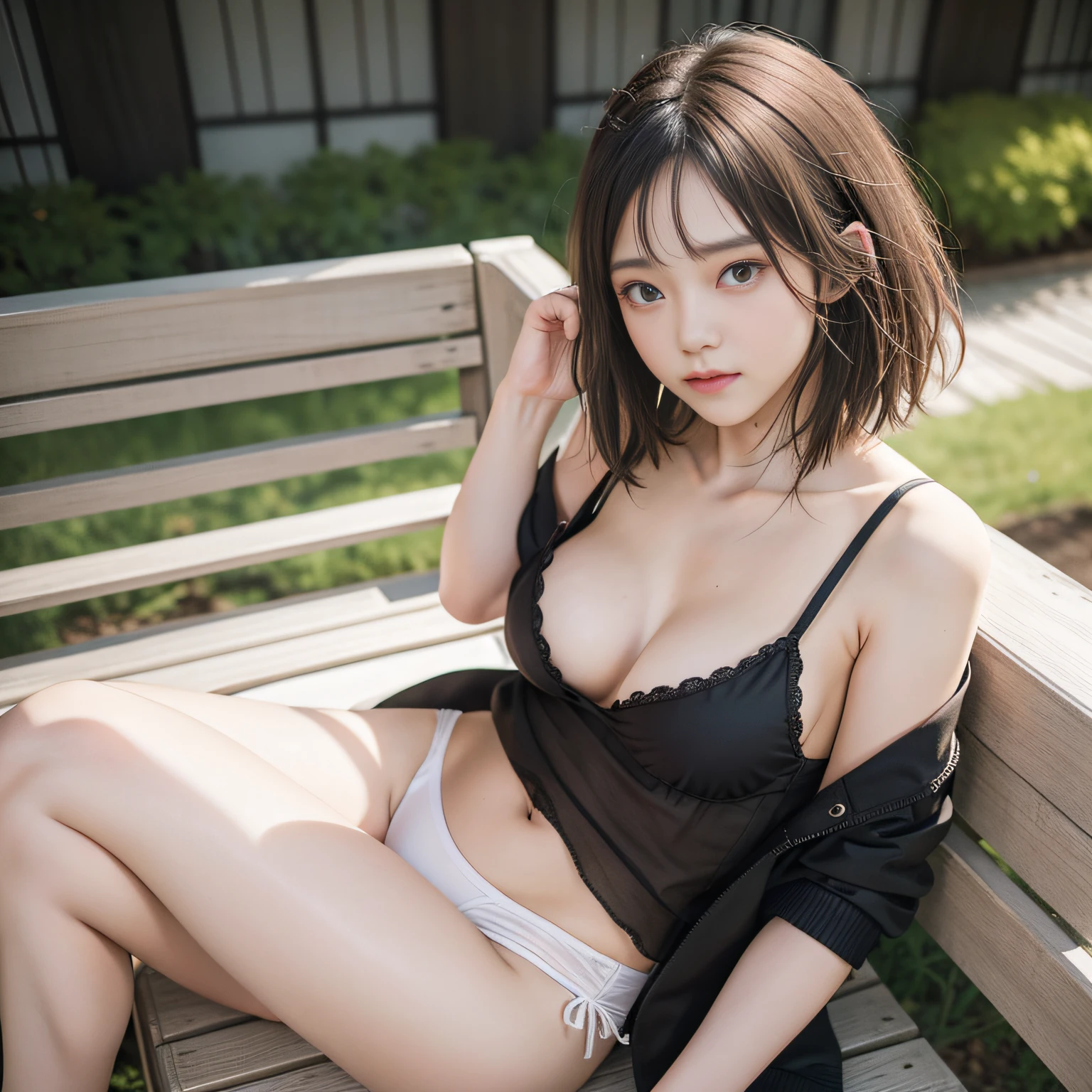 （64k，RAW photos，best qualtiy，masterpiecel1.4），（realisticlying，photograph realistic：1.37），Photos of Japanese girls，Wear a loose and oversized black jacket，White sheer camisole，naturey（big cleavage breasts：1.25），（small：1.4）shorter pants，looks away，seduct smile，（Kpop idol），messy  hair，Short hair，（Pink blush），（illuminating），Wooden bench，sitted，spread their legs，spread their legs，（独奏），dynamicposes，（erected ），（femele）， （puffy eye：1.3）， （delicate leg）， hdr， highly  detailed， Environmental occlusion， exteriors， natural park， Harmonious composition， fine art photography，