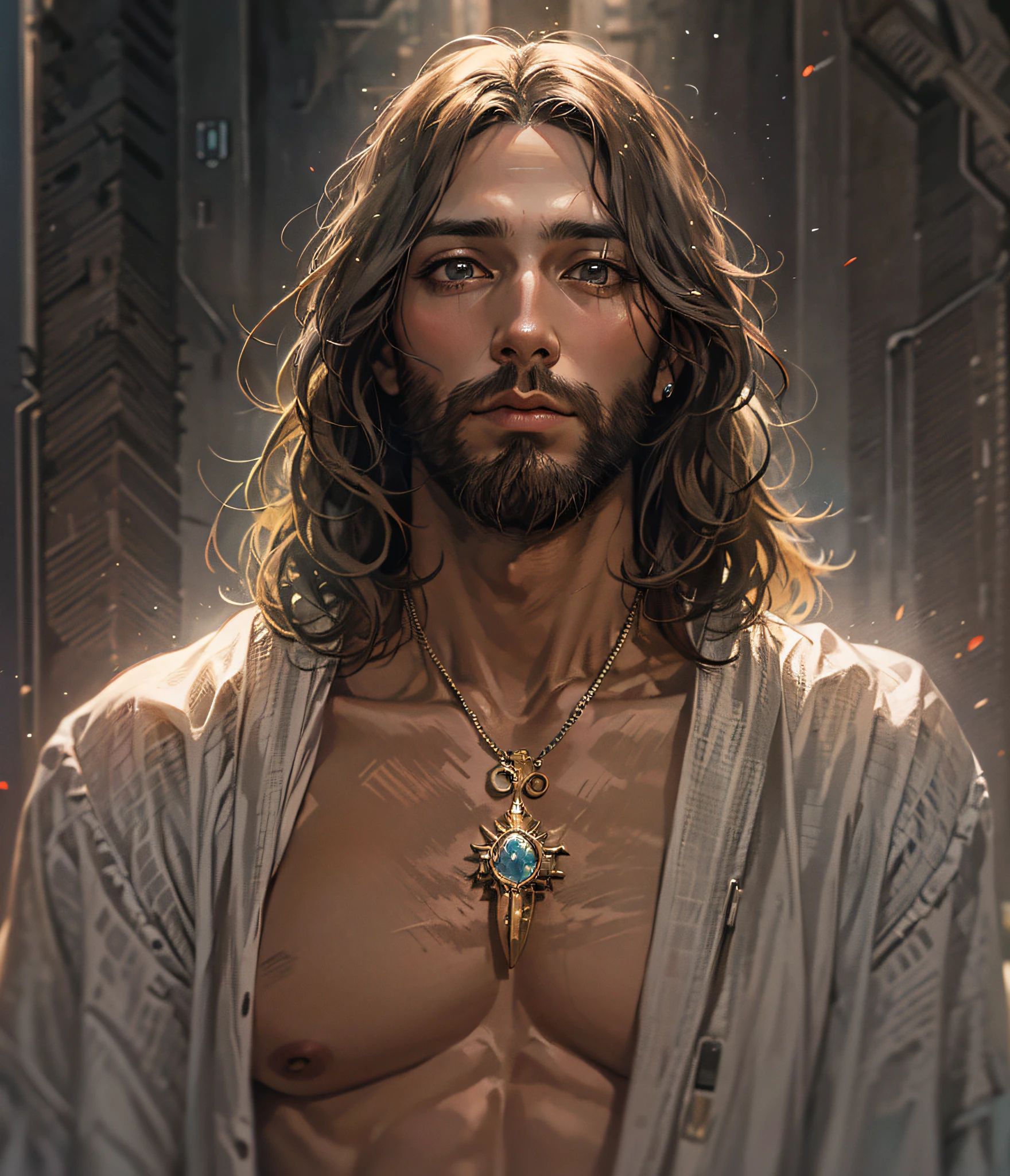 Jesus en la cruz, anime de una pieza, hombre, aretes, cara, cabello verde, jewely, enfoque masculino, aire libre, cabello corto, symmetrical body, retrato, cinematography lighting, alto contraste, Art Station, arte conceptual del personaje, 8K, fondo simple, cicatriz sobre un ojo