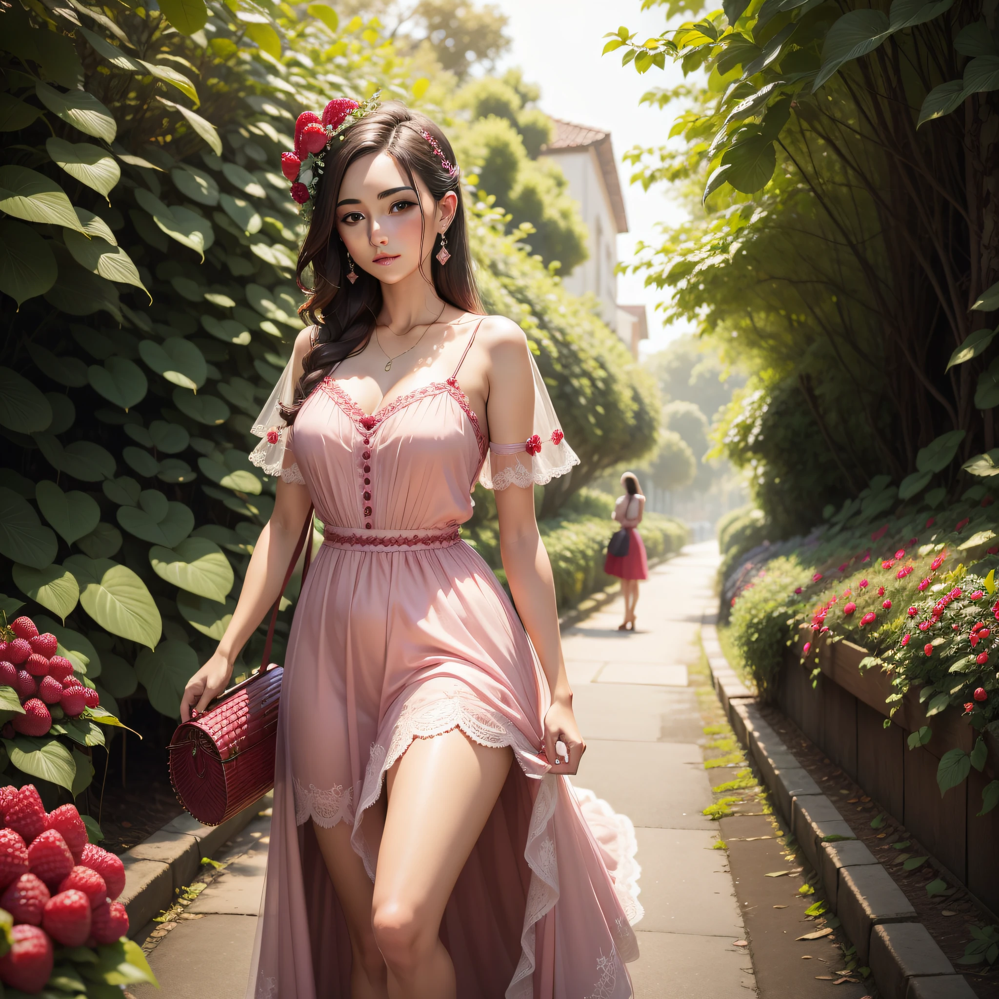 Experience the elegance of a woman adorned in raspberry tones, passeando por um encantador jardim de frutas silvestres. Seu vestido real reflete as deliciosas frutas que a cercam, Creating a scene of sweet sophistication.