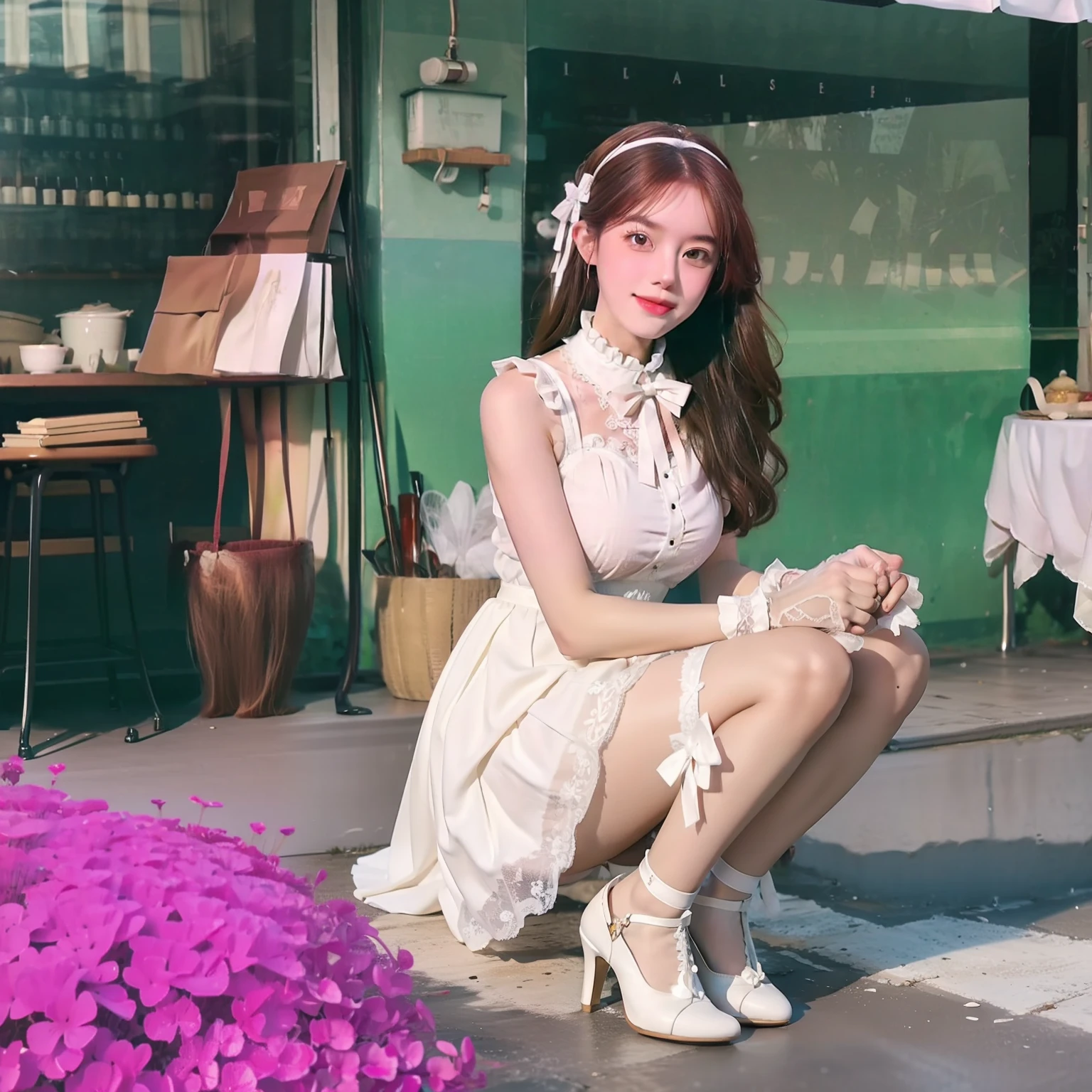 Full body photo，One man only，Brown hair，long eyelasher，A shallow smile，Blushlush，super detailing，Best quality at best，White lace-up heels，Knee-length pleated skirt，White ribbon and bow，Sleeveless bandeau dress，Black lace stockings，Silk collar，Gorgeous décor，A large white ribbon is worn on his head，White lace gloves，Repair the wrist，Golden decoration