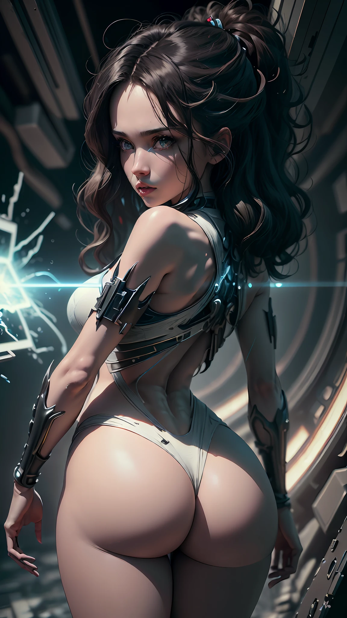 ((Best quality)), ((masterpiece)), (detailed:1.4), 3D, a beautiful cyberpunk female figure with thick hair, realístic hair, perfect , detailed face, light particles, pure energy chaos anti-technology, HDR (High Dynamic Range), ray tracing, NVIDIA RTX, Super-Resolution, Unreal 5, Subsurface scaing, PBR TexturingPost-processing, Anisotropic Filtering, Depth-of-field, Maximum clarity and sharpness, Multi-layered textures, Albedo and Specular maps, Surface shading, Accurate Simulation of Light-Material Interacect Proportions, Octane Render, duotone illumination, large aperture, low ISO, white balance, rule of thirds, 8K RAW, from behind