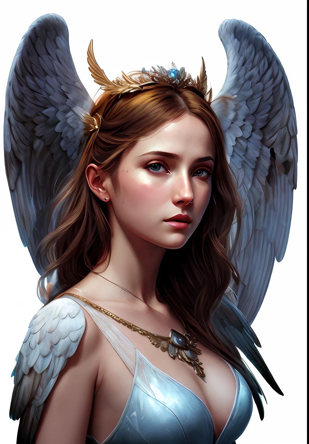 arafed image of a woman with wings on her head, 3 d goddess portrait, portrait of a beautiful angel, young harpy-girl, harpy woman, goddess. extremely high detail, beautiful female angel, portrait of a beautiful goddess, moebius + loish + wlop, beautiful angel girl portrait, winged head, winged human, 3 d goddess minerva, winged, charlie bowater character art, beautiful angel girl portrait, beautiful female angel, Artemis, warrior, white wings, long brown hair, by Alphonse Mucha, RF 85mm F1.2L USM DS, 8K, Ultra Realistic, high octane, ultra-resolution, amazing detail, perfection, In frame, UHD, 32k, 3D shading, Tone Mapping, Ray Tracing , Super-Resolution, Natural Lighting, volumetric lighting, Matte, insanely detailed and intricate, hypermaximalist, elegant, ornate, hyper realistic, super detailed, detailed, 8k, anamorphic lighting