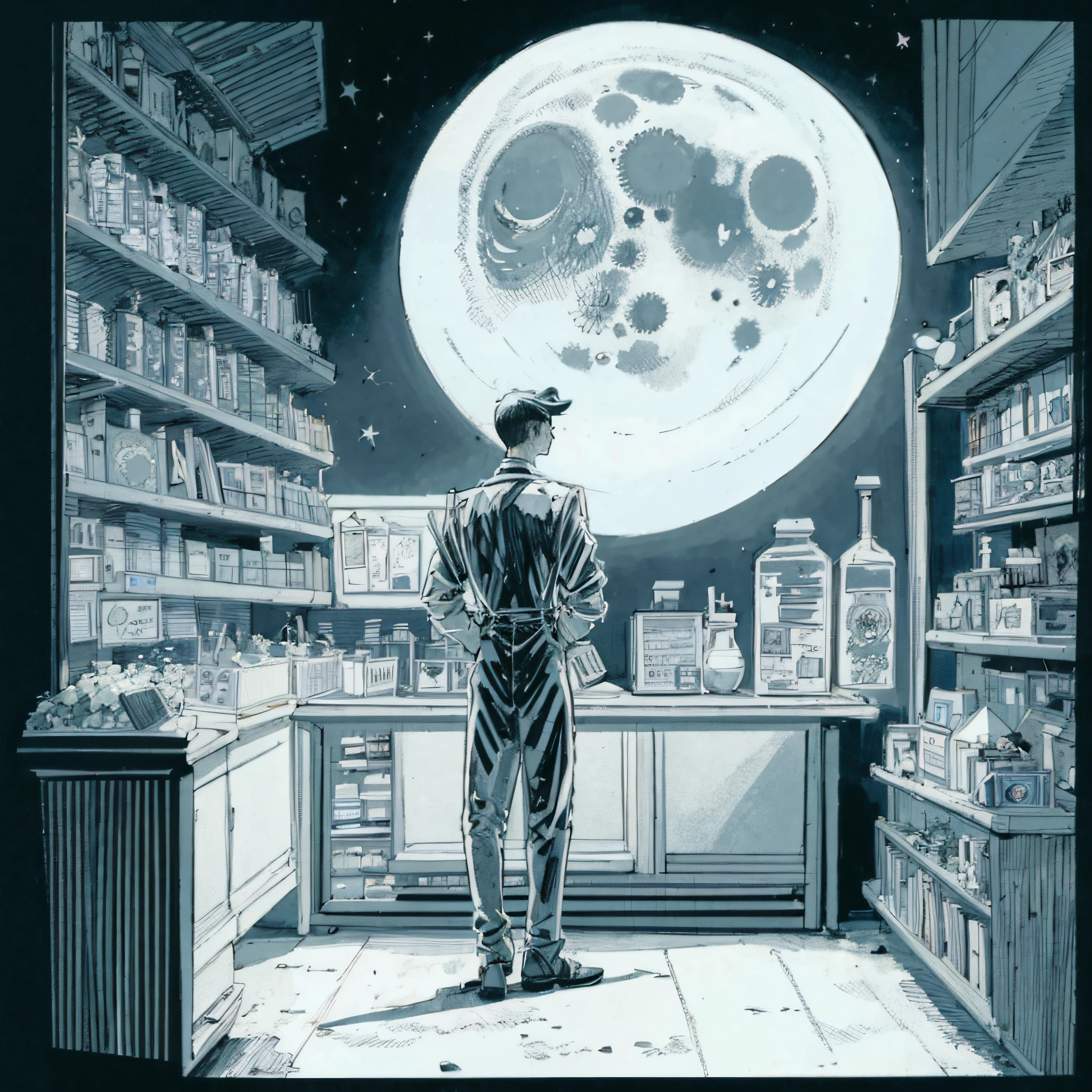 Imagem de um homem parado em uma loja olhando para a lua, apothecary, Dave Sim, image apothecary, inspired by Mœbius, Como ilustrado em Top Cow Comics, inspirado em Ed Emshwiller, pharmacy, O Homem de Areia da Graphic Novel, arte publicada, illustration scifi pulp, PJ bandido