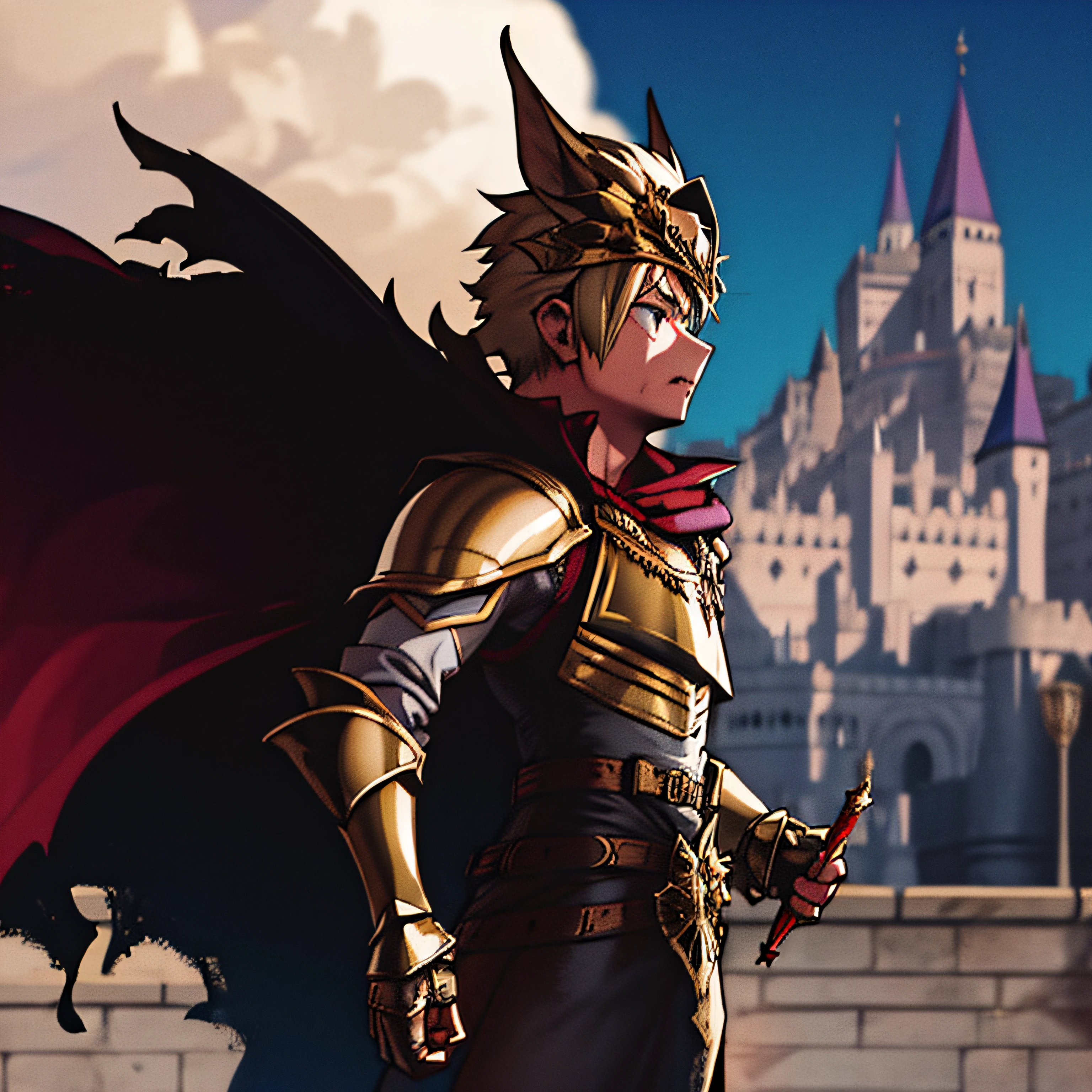 um guerreiro estilo de armadura fantasia, Gold armor with lots of reflection and a shadowy castle behind in the blood borne style