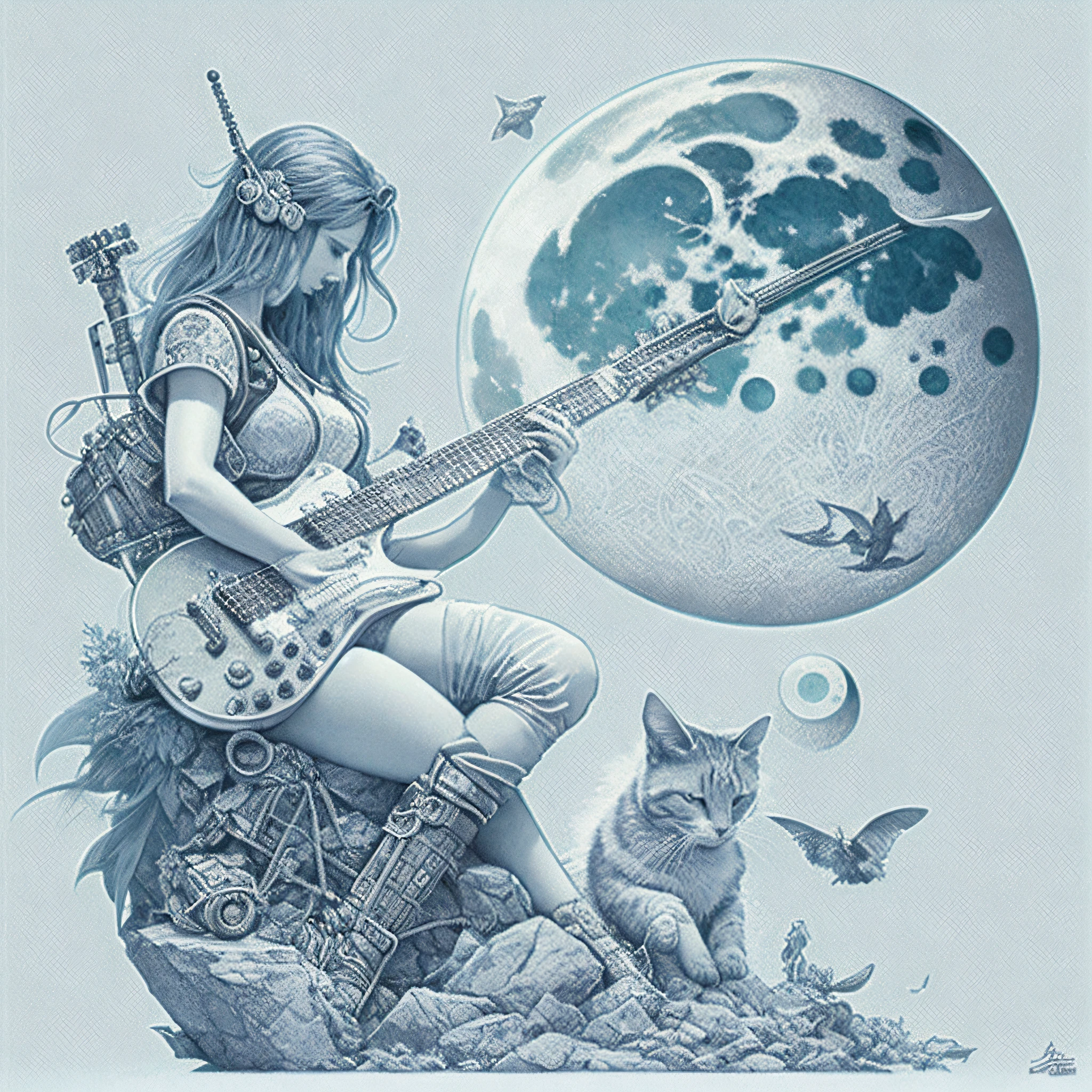 There's a woman sitting on a rock with a guitar and a cat, Hajime Sorayama Aaron Horkey, Karol Bak e Peter Mohrbacher, Moebius e Mohrbacher, Guilherme H. Pongiluppi, Deusa da Lua, deusa lunar, Deusa da Lua, Aaron Horkey, Moebius + Loish + WLOP, Directed by: Denis Eden