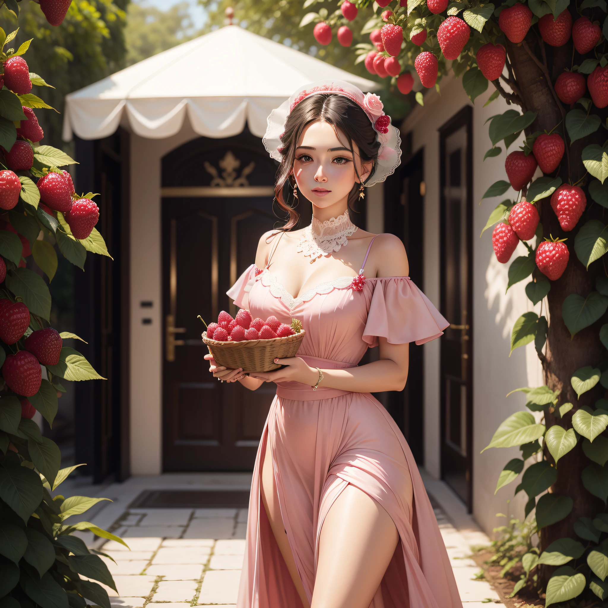 Experience the elegance of a woman adorned in raspberry tones, passeando por um encantador jardim de frutas silvestres. Seu vestido real reflete as deliciosas frutas que a cercam, Creating a scene of sweet sophistication.