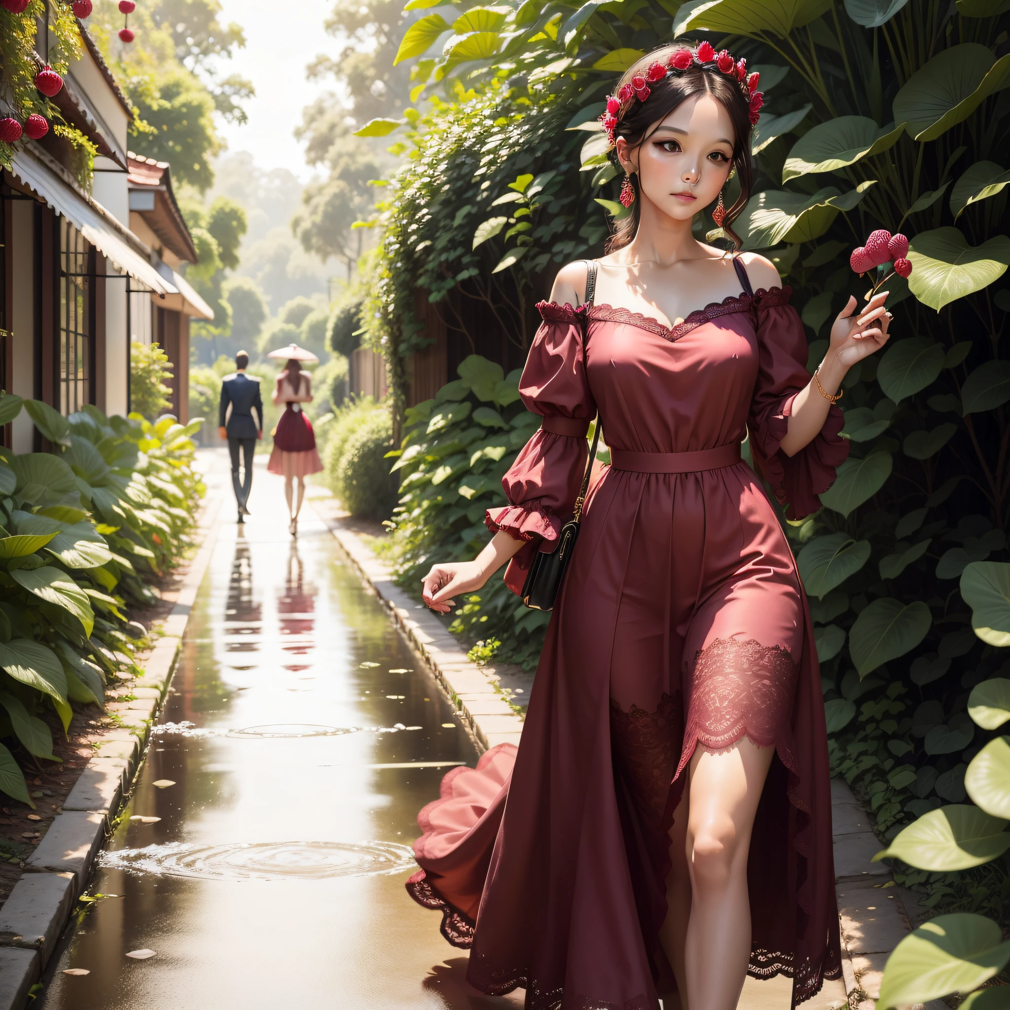 Experience the elegance of a woman adorned in raspberry tones, passeando por um encantador jardim de frutas silvestres. Seu vestido real reflete as deliciosas frutas que a cercam, Creating a scene of sweet sophistication.