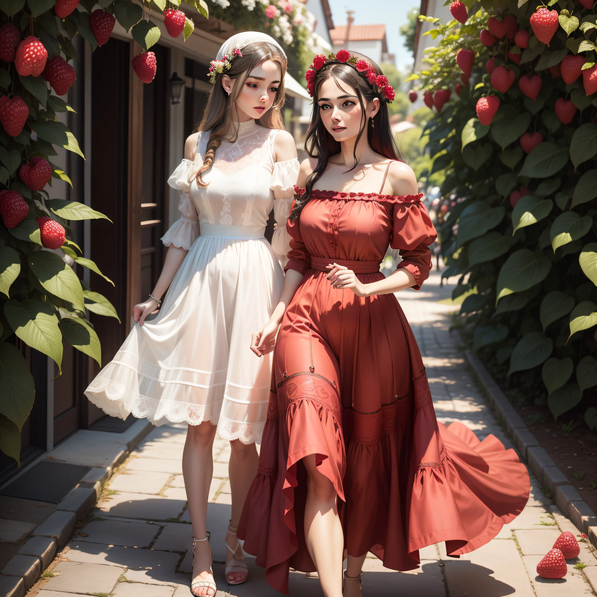 Experience the elegance of a woman adorned in raspberry tones, passeando por um encantador jardim de frutas silvestres. Seu vestido real reflete as deliciosas frutas que a cercam, Creating a scene of sweet sophistication.