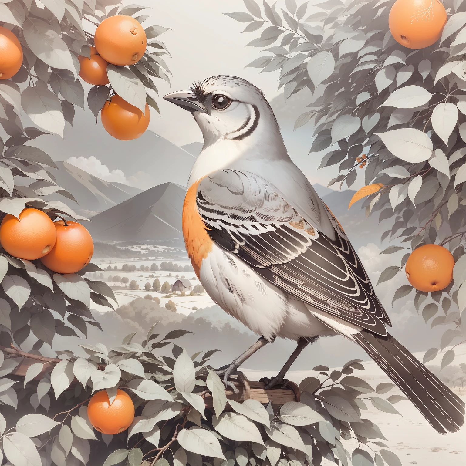 The bird，Orange trees，mont，country cabin，Orange fruit，Featuring birds，Correct perspective，white backgrounid，delicate linework，autumnal，Mainly orange，A little gradient