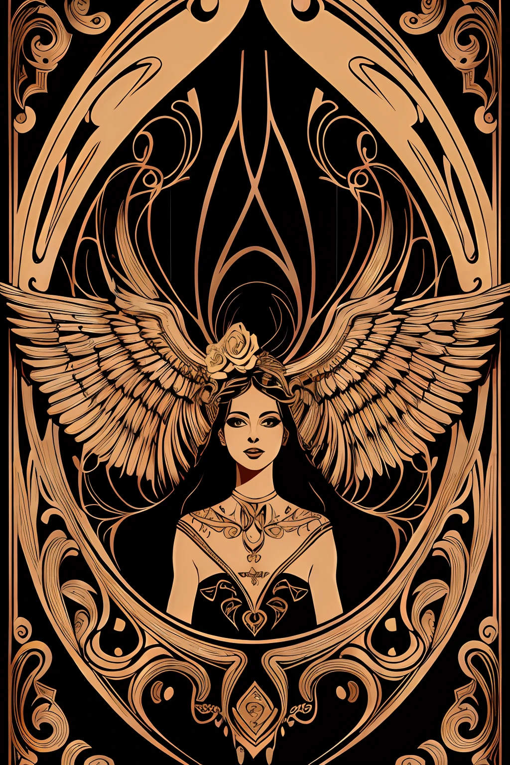 Flyer, angelical beautiful woman, cabaret, rose petals, Mexican decoration, god, angels,
vector flat, gold, black, 
Aaron Horkey, 
masterpiece, ultra high res, high quality, vectorial art