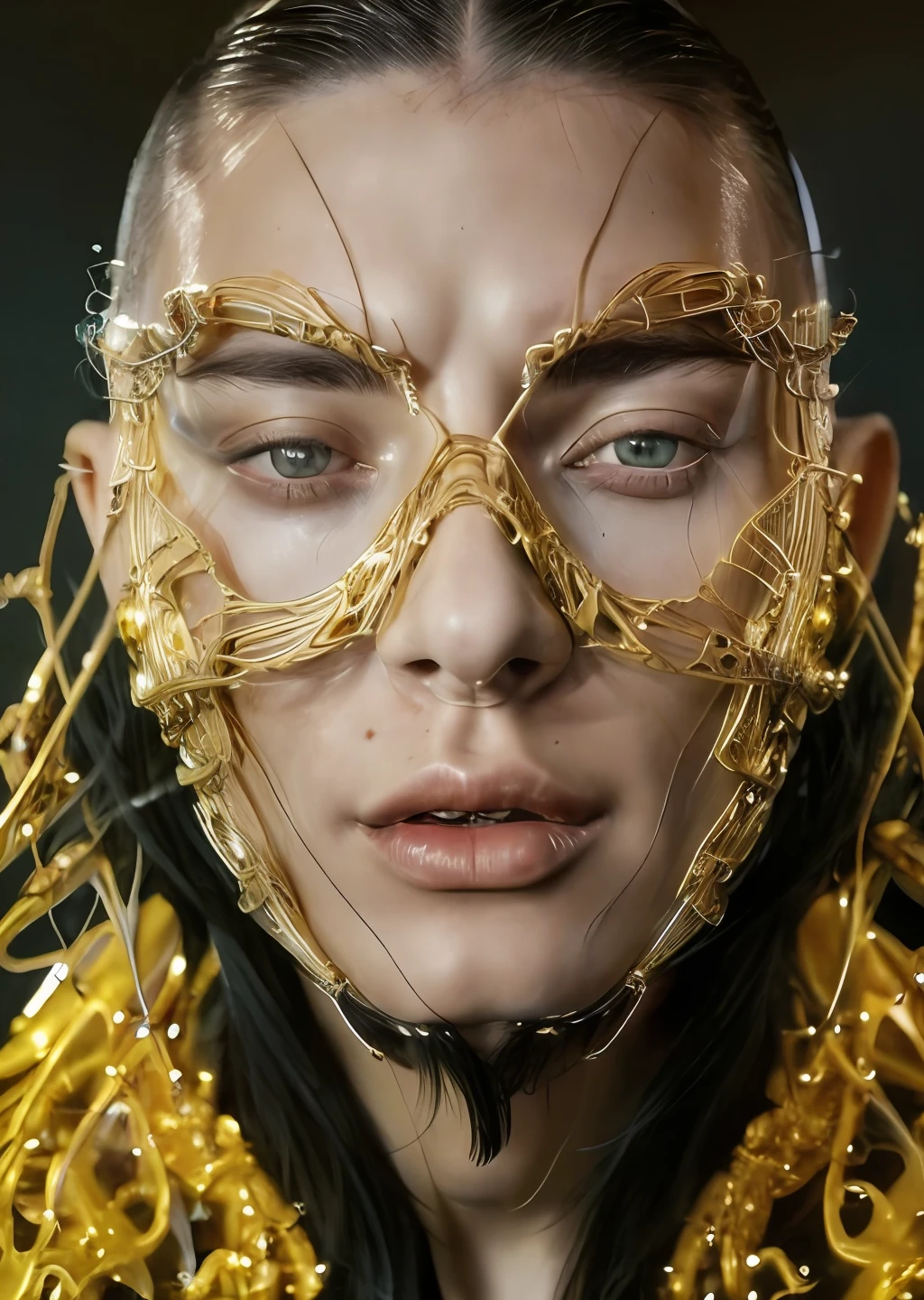 extreme close-up extreme close-up Russian male supermodel dressed in futuristic Gucci suit [yellow and black with intricate gold embroidery] tailored dress and headdress, with detailed straight hair, extremely detailed face, standing in a luxurious futuristic salon with black and yellow tones, realistic skin texture, cinematic photography, low contrast, well-lit, cloudy, hdr