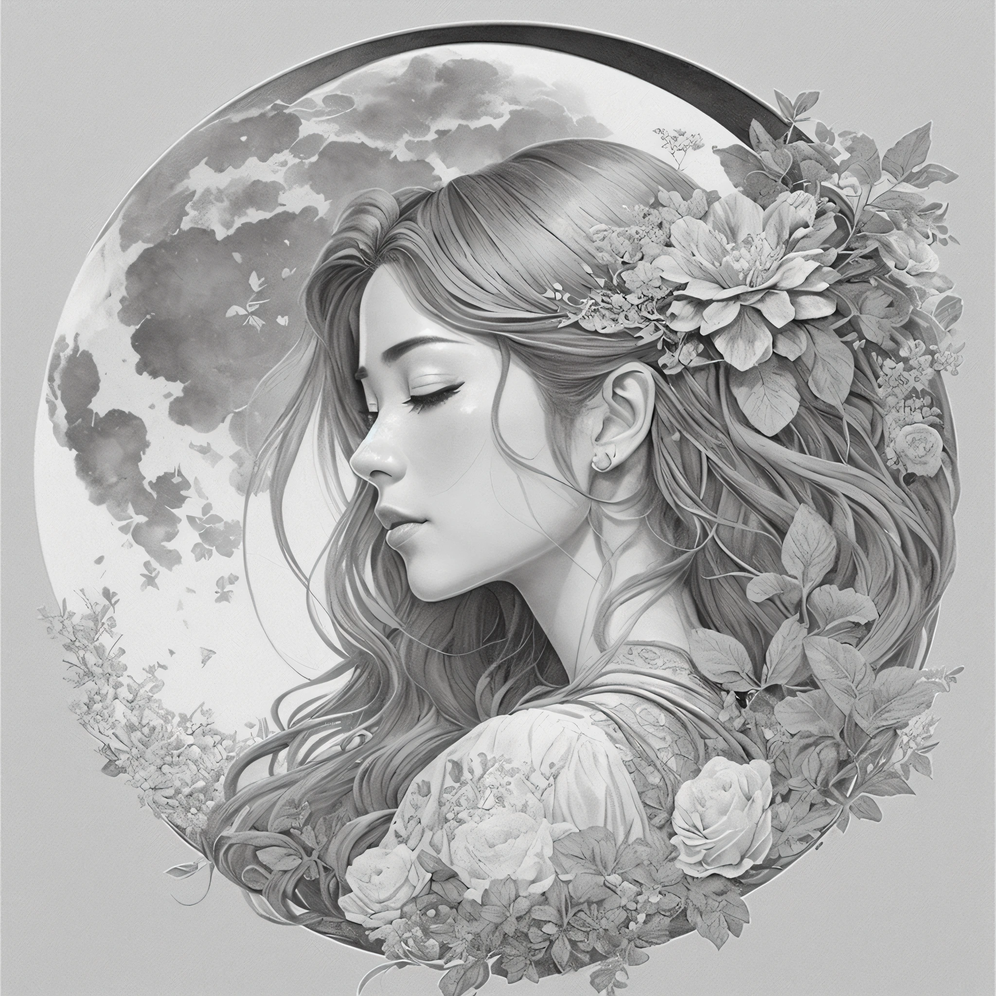 um desenho de uma mulher com flores no cabelo, a beautiful artwork illustration, Beautiful digital illustration, retrato de fantasia fosco detalhado, Directed by: Eddie Mendoza, exquisite digital illustration, Directed by: Ni Duan, Directed by: Ni Zan, por Yang J, Deusa da Lua, Neoartcore e Charlie Bowater, Directed by: Jin Nong, beautiful illustration, desenho digital detalhado, deusa. Detalhes extremamente altos