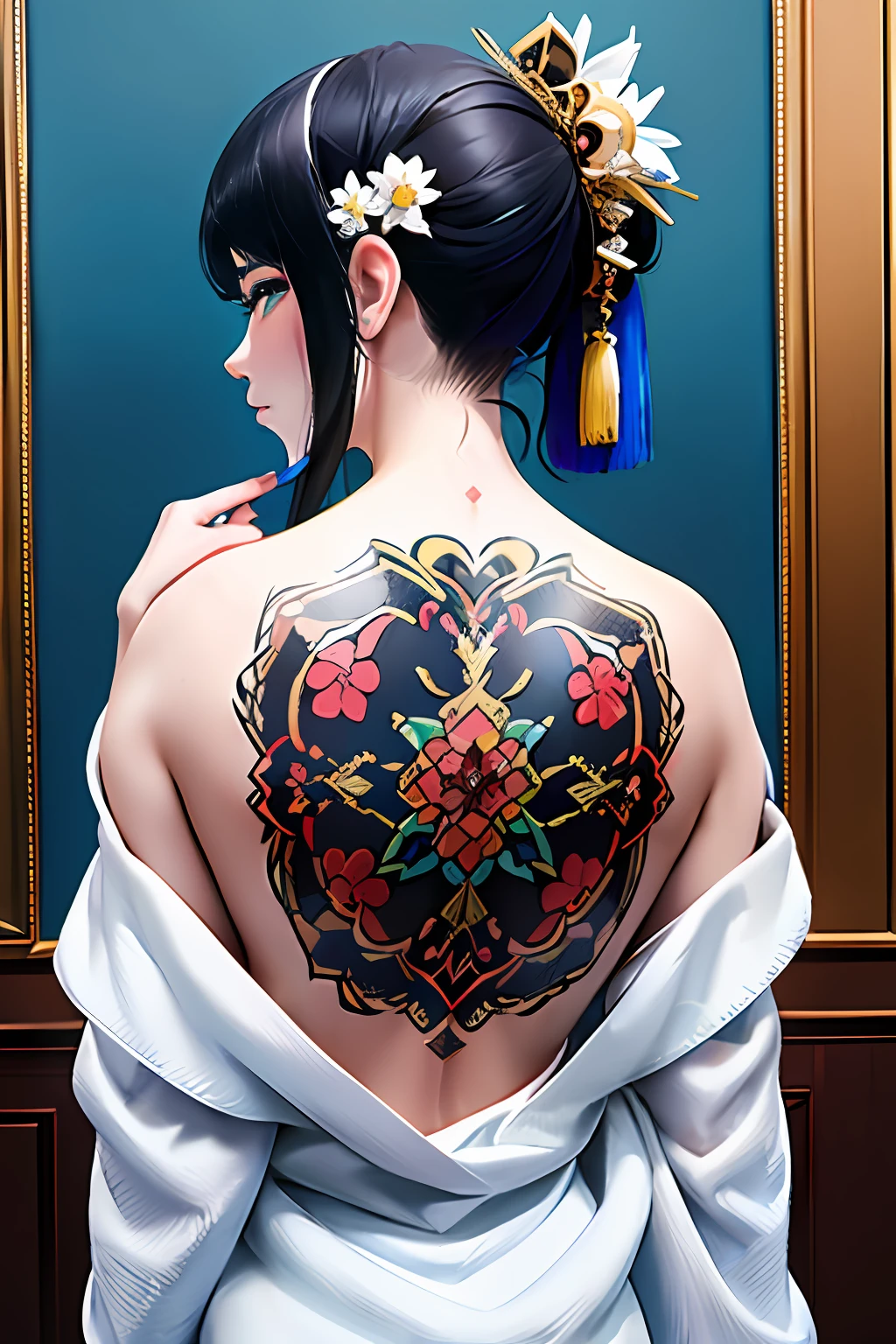 (masterpiece, top quality, best quality, official art, beautiful and aesthetic:1.2),1girl, tattoo, solo, japanese clothes,  hair ornament, unsheathing, black hair, sheath, back tattoo, blue eyes,  off shoulder, bare shoulders, looking back, from behind, flower, looking at viewer,  holding, makeup, 
indoor,