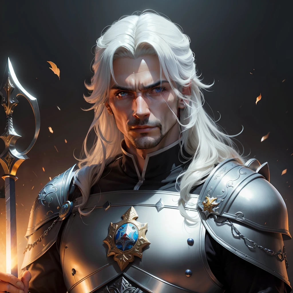 Um personagem para rpg. alto, Imponente e musculoso, com aproximadamente 40 anos, paladino humano de olhos azuis penetrantes, cabelos loiros cacheados na altura dos ombros e um tapa-olho no olho direito. He wears shining armor with the insignia of the royal guard and carries the sacred sword "Martelo da Aurora." Lembresse dos olhos azuis e do cabelo cacheado