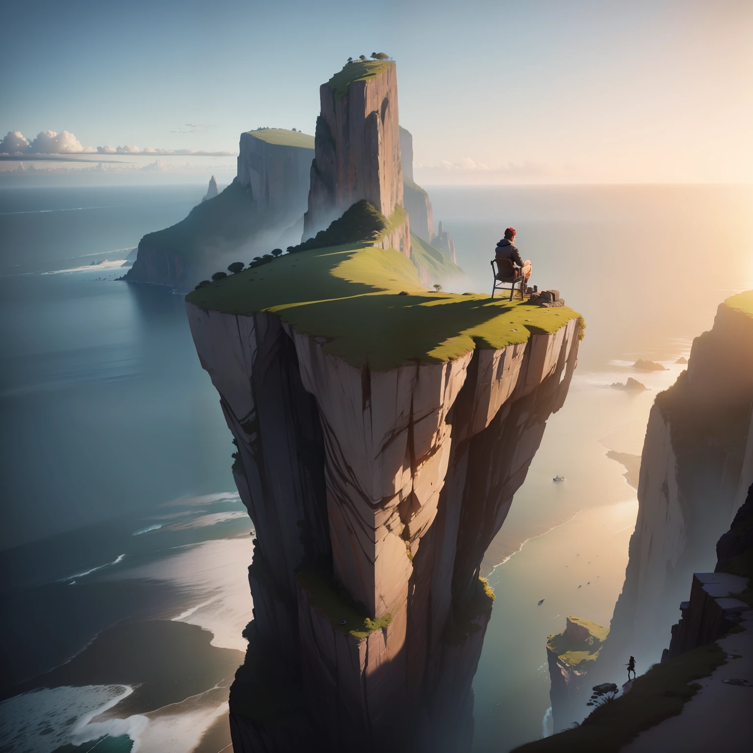 There's a man sitting on a cliff overlooking the ocean, max rive, vista do penhasco do oceano, breathtaking landscape, por Alexander Kucharsky, por Etienne Delessert, alexey egorov, breathtaking landscape, epic matte painting of an island, epic scenic shooting, epic and dazzling, Ocean scene on the edge of the cliff, amazing landscape in background, Breathtaking shot, amazing landscape, imagem realista, hd.