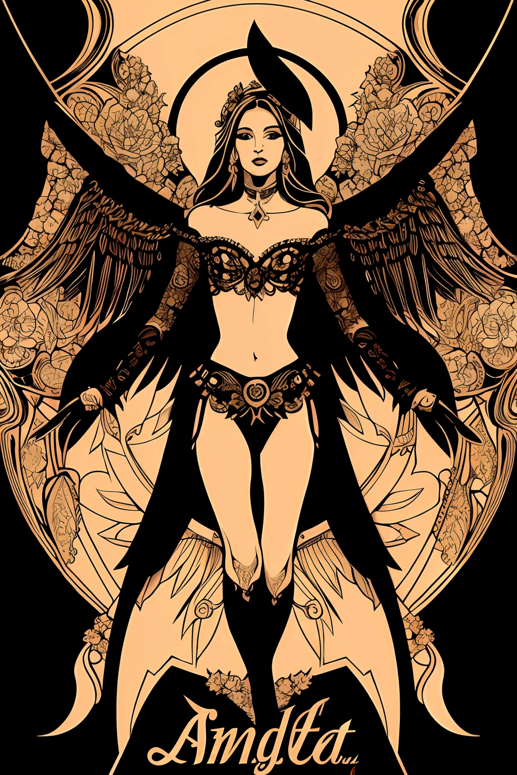 Flyer, angelical beautiful woman, cabaret, rose petals, Mexican decoration, god, angels,
vector flat, gold, black, 
Aaron Horkey, 
masterpiece, ultra high res, high quality, vectorial art