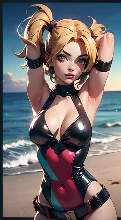 margot robbie as a gorgeous Harley Quinn standing on sand, wind in the hair, (8k:1.2)