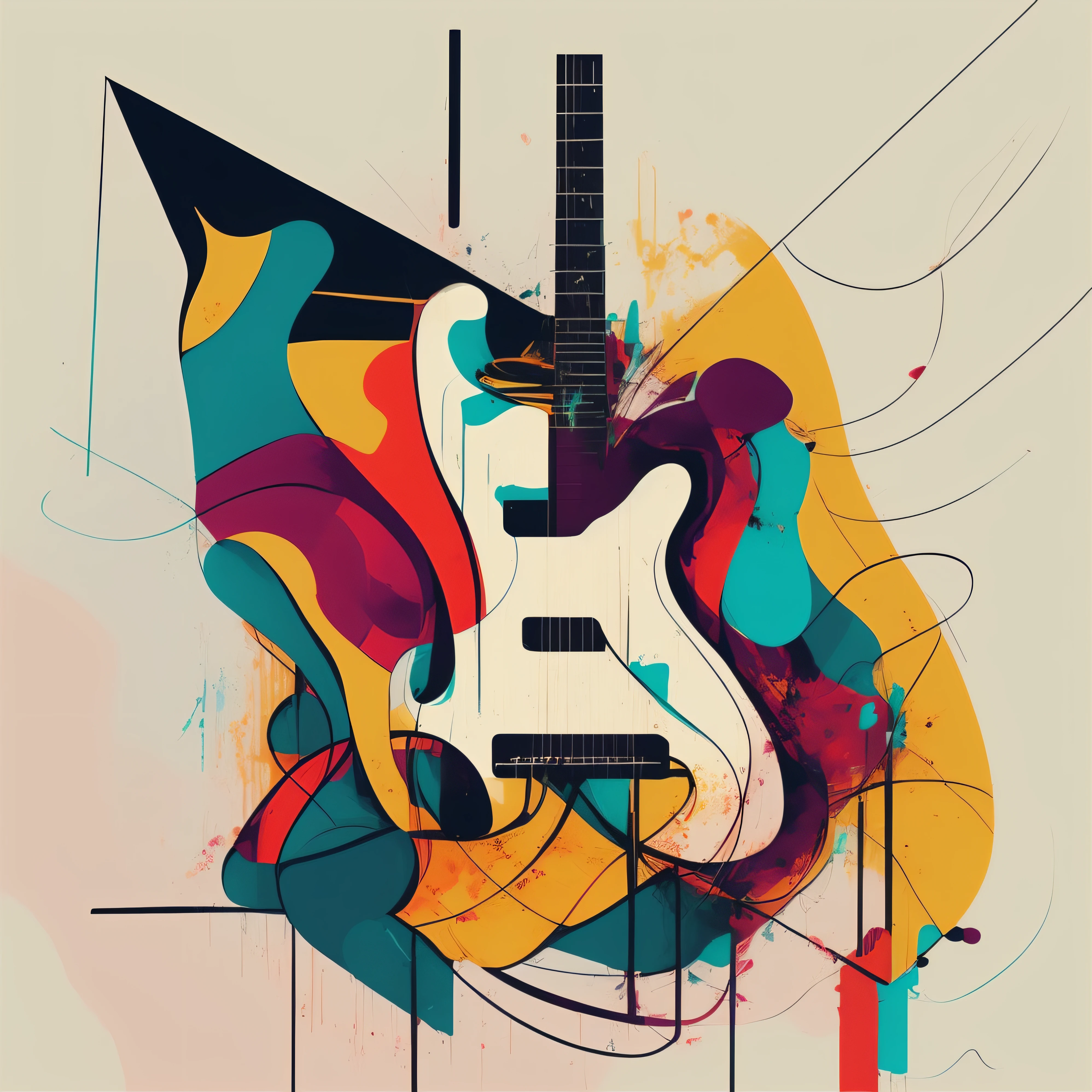 Pintura abstrata de uma guitarra com um design colorido, acoustic guitar, Concept art of acoustic guitar, Arte de Alessandro Pautasso, in illustration style digital, por Tim Bishop, inspirado em Tim Biskup, contemporary digital art, Artwork, Directed by: Justino Geraldo, Por Jake Parker, music, digital illustration -, conceito abstrato, MusicAlidade Graphic