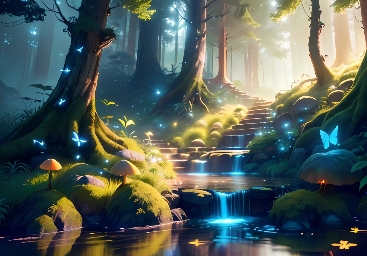 Masterpiece, best quality, (highly detailed CG unity 8k wallpaper), (better quality), (better illustrations), (better shadows), forest theme with natural elements. Tall trees, quiet streams, glowing small mushrooms surrounded by delicate leaves and branches, with fireflies and glowing particle effects, (natural elements), (jungle theme), (leaves), (branches), (fireflies), butterflies, ( delicate leaves ), (glow), (particle effects). , isometric 3D, octane rendering, ray tracing, hyper detail