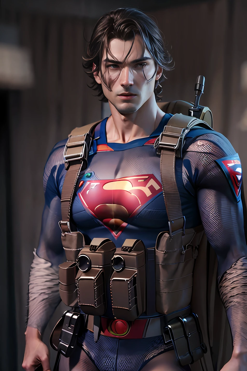 Superman dressed as tactical operator, corpo inteiro , carrancudo, 4k, alta resolução, obra-prima, melhor qualidade, foco nítido, (cinematic lighthing), 鎖骨, [:(rosto detalhado:1.2):0.2]