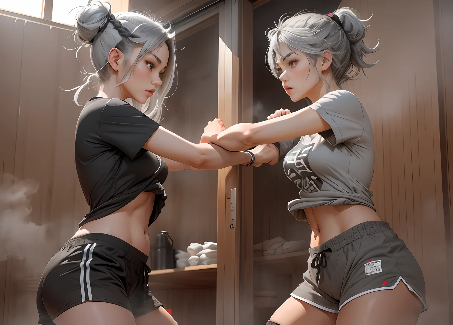 2girls, fighting stance, (from side)--, grey hair, brown eyes, braid, short hair, t-shirt, casual, thighhighs, sauna