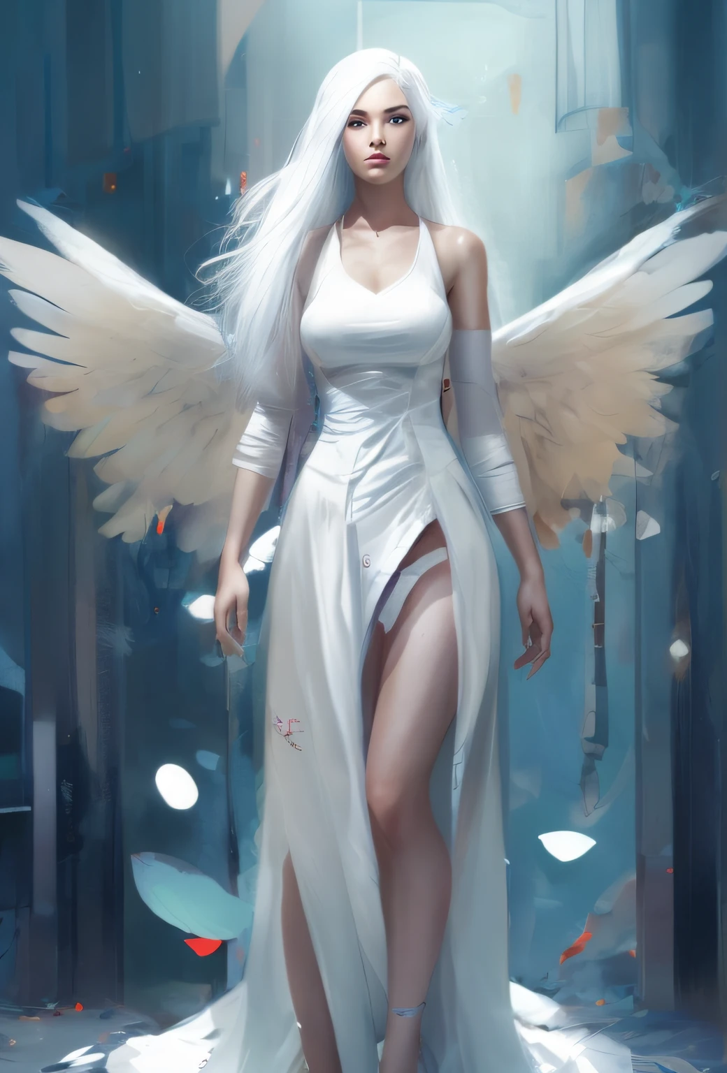 pintura de uma mulher com cabelos brancos e asas de anjo em um vestido branco, Ross Tran 8 K, inspirado em Ross Tran, Arte do WLOP, menina bonita do anjo do ciborgue, tall female angel, Rossdraw 1. 0, Wlop Ross, Anjo majestoso de corpo inteiro, Estilo Ross Tran, rossdraws global illumination, RossDraw pintura digital, Rossdraw 2. 0