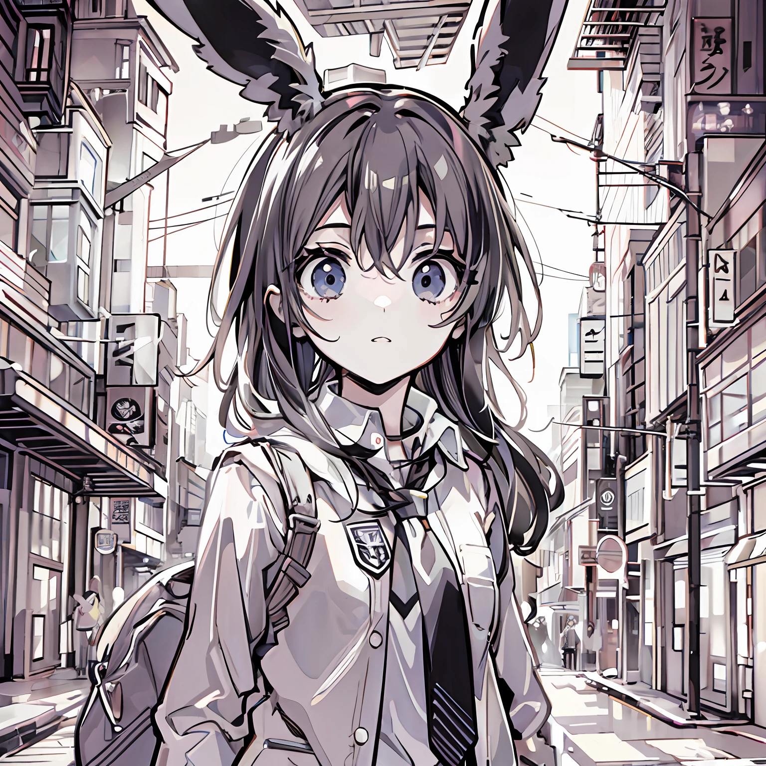 Rabbit-eared girl 　Inside the city　School Uniforms　　4-panel manga style　Quadrant　Manga style　black-and-white