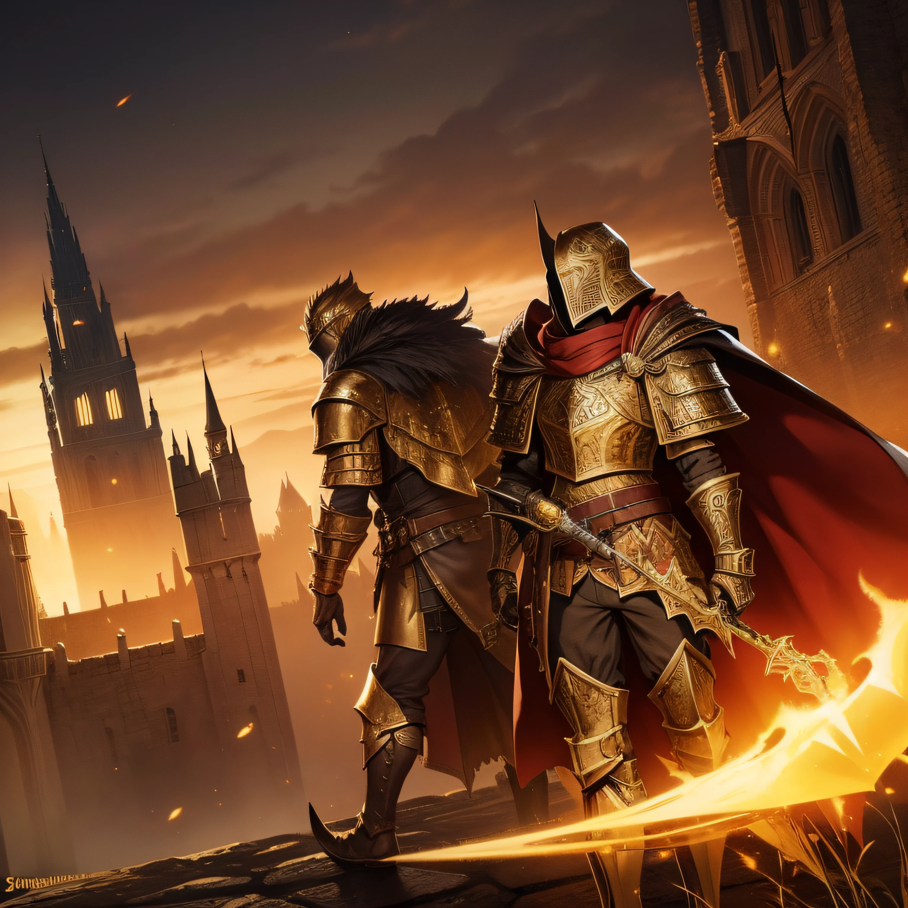 um guerreiro estilo de armadura fantasia, Golden armor with lots of reflection and a shadowy castle behind in the style of the game blood borne