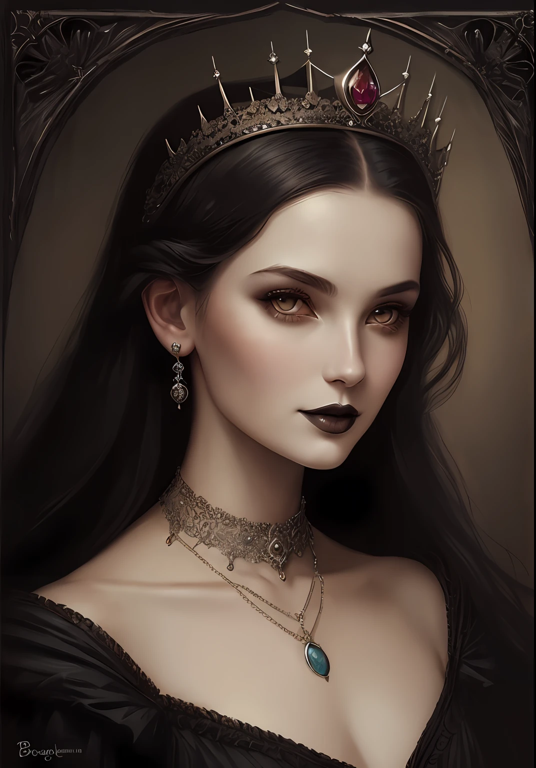 (gothic princess portrait, crown on the head and necklace on the neck, dark fantasy style art, Tom Bagshaw style, woman in a close-up), intense look, pale face, bright eyes, mouth in a seductive smile, dark background with touches of strong colors.