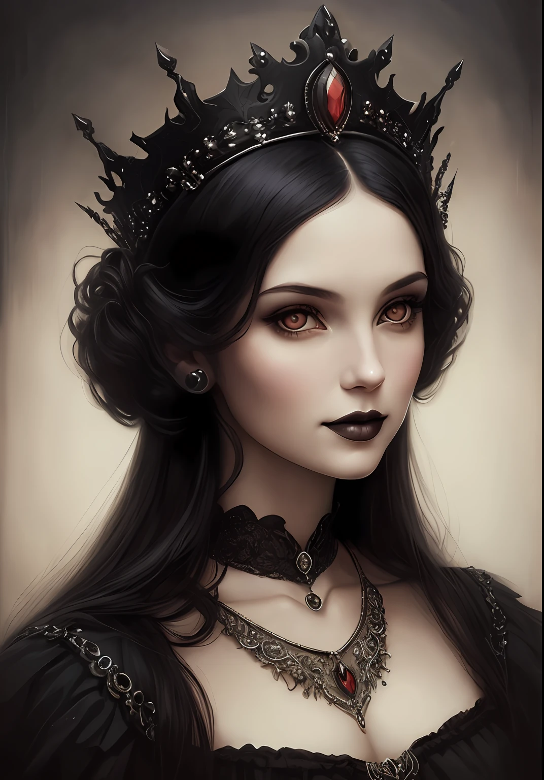 (gothic princess portrait, crown on the head and necklace on the neck, dark fantasy style art, Tom Bagshaw style, woman in a close-up), intense look, pale face, bright eyes, mouth in a seductive smile, dark background with touches of strong colors.