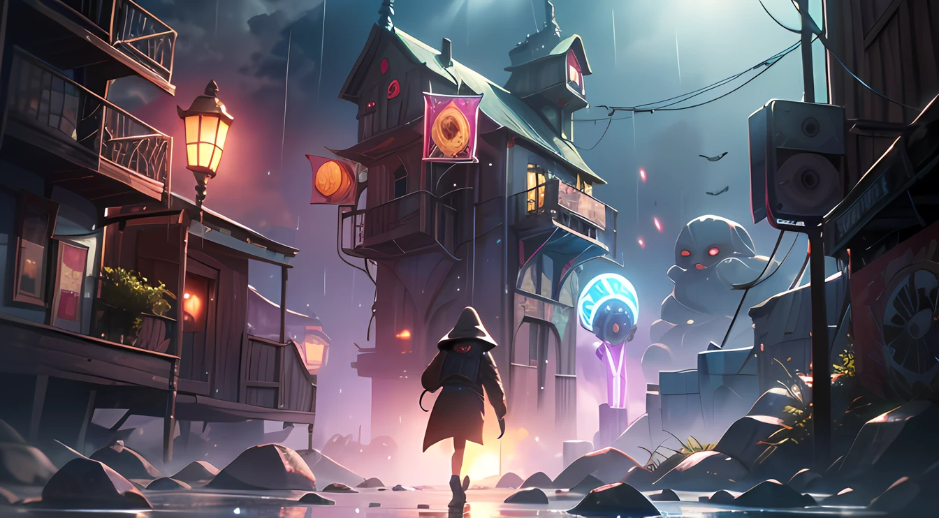 SCP-5853 Ticky Taffy Town, from SCP lore, packaged taffy confections in a paralell dimension based in a 90's TV show with several odd and spooky charachters, some like humanoid creatures,  subtle flares, rain like a dream, slight ambient occlusion, volumetric bloom effect, trending on artstation, excellent composition, cinematic atmosphere, dynamic dramatic cinematic lighting, aesthetic, very inspirational, arthouse, 8K