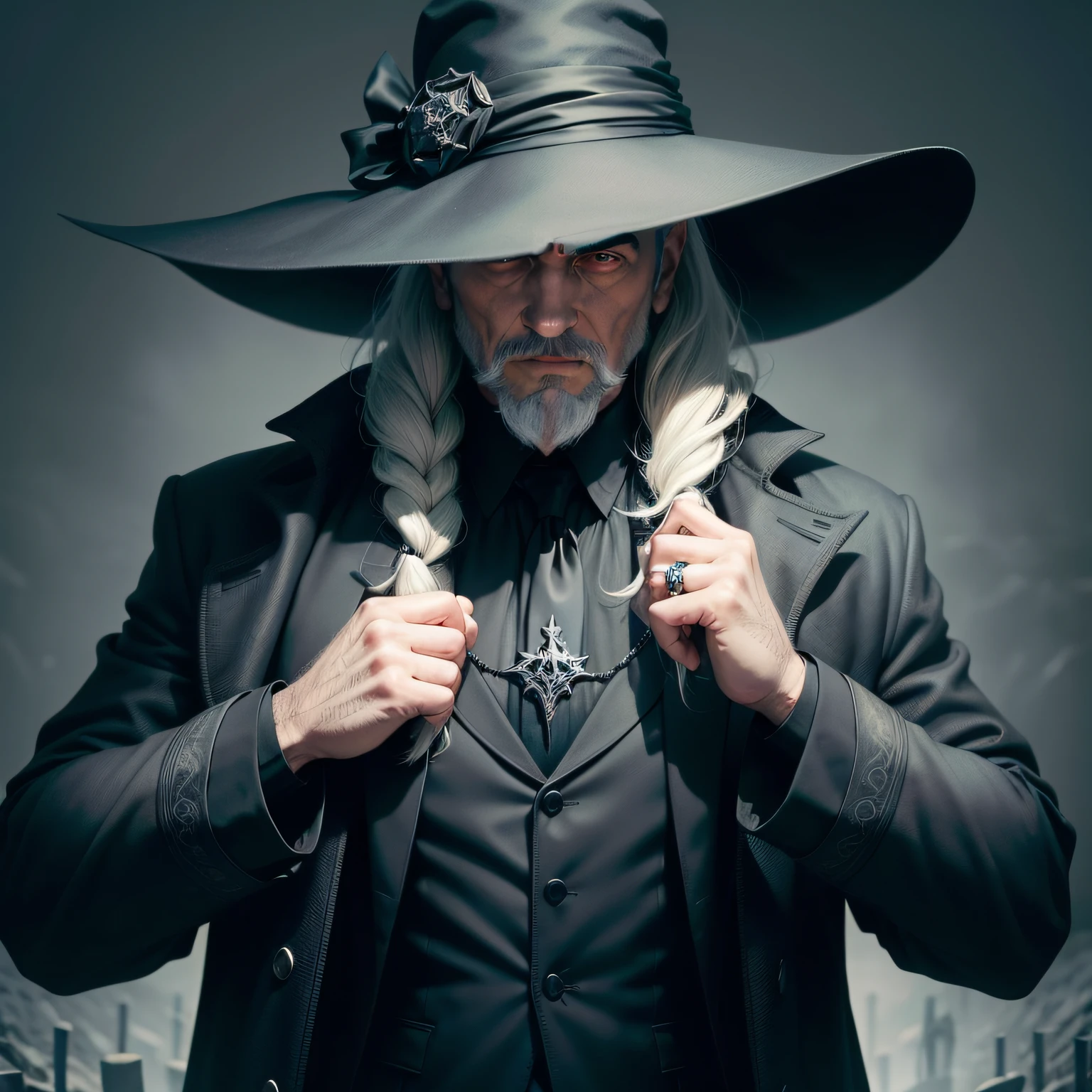 Man in a black overcoat and black hat posing for a photo, bruxo medieval bonito, Deus da morte, Necromante bonito, Post - medieval Apocalyptic, God of death in a Nordic cemetery, homem necromancer bonito, cosplay ornamentado, Dumbledore, homem bonito necromante, dedo apontando para baixo