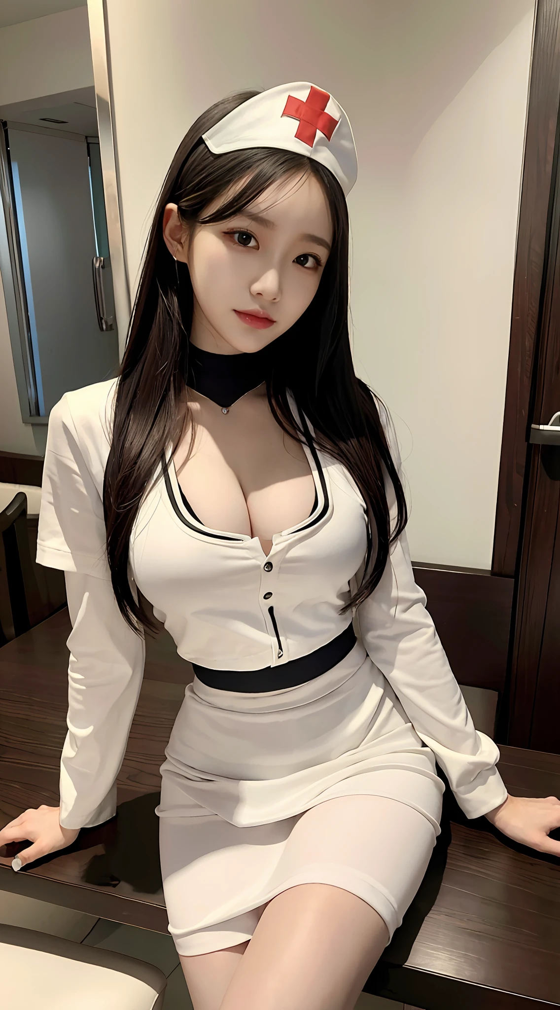 Super High Resolution, 8K, Parameters Best Quality, Masterpiece, Super High Resolution, Detailed Skin, Crazy Details and Complexity, Ultra Realism, Surreal Hyper Details, Super Details, Realism, Ultra Realism, Nurse, Nursing Clothes, Nurse Cosplay, Full Body, Brazier, Slender Waist, Ant Waist, Small Breasts, Small Breasts, Legs Spreading, Chair, 28 Years Old, Sweat, Slender Hand, Skirt