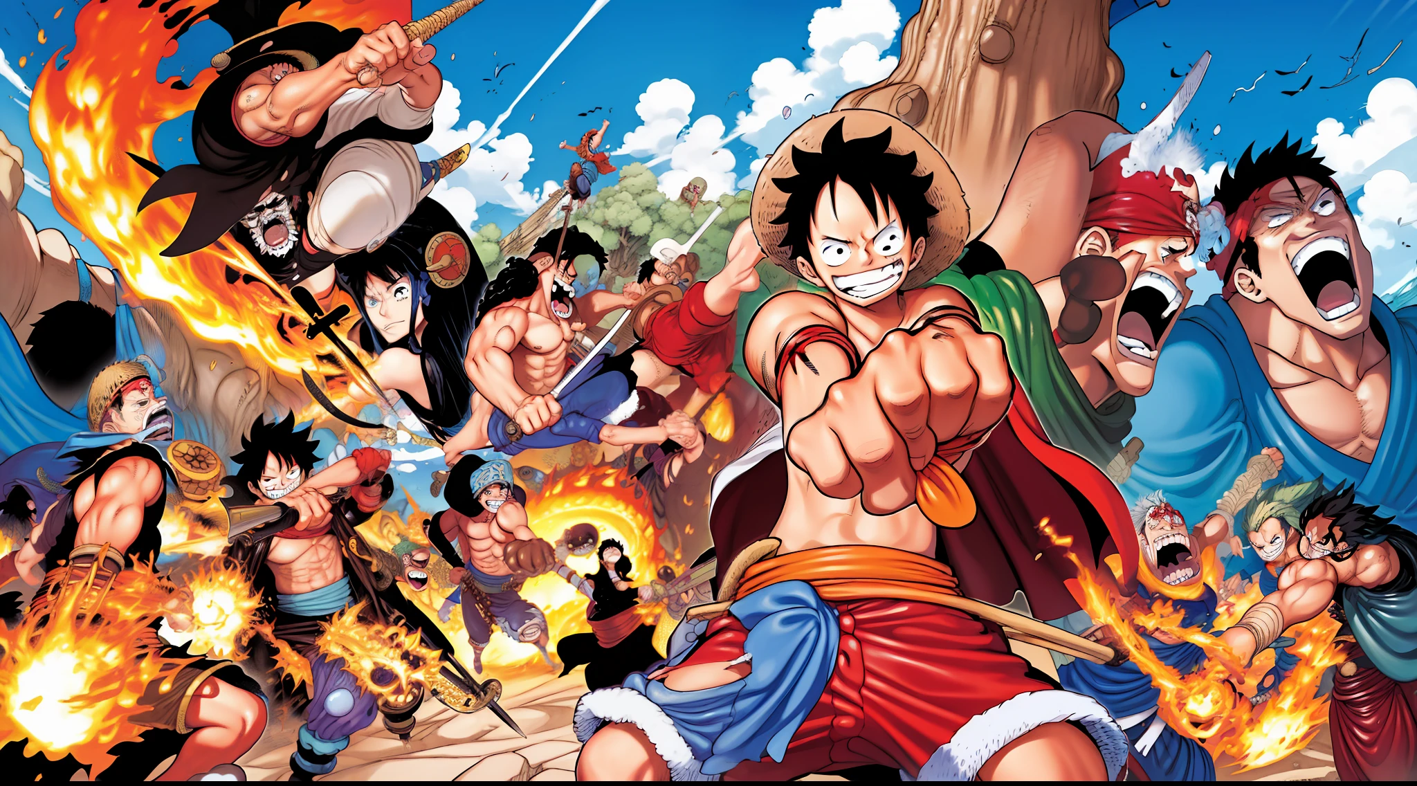 Battle Against Arlong Park - In the "East Blue" arc, Luffy fights Arlong Park and his crewBattle against Arlong Park is part of the "East Blue" arc in the One Piece series. Here are the battle details:After the Straw Hats arrive at East Blue Island, they encounter the pirate gang leader Arlong Park. Luffy decided that he must confront him and eliminate his group because they exploited and wronged the inhabitants of the island and abused them.The battle started when Luffy attacked Arlong Park with super strength and speed. Luffy used his demonic power "Gumgeum no Mi" to become flexible and strong. Luffy and Arlong Park fiercely exchanged punches and kicks, destroying a large part of the area around them.