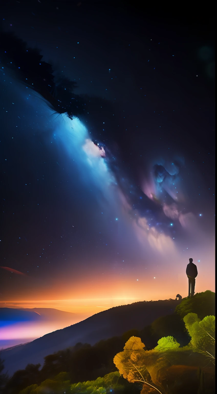 Man de olhos vendados, andando por uma floresta densa, fantasia noite e escura, Starry Sky, 8k imagem perfeita