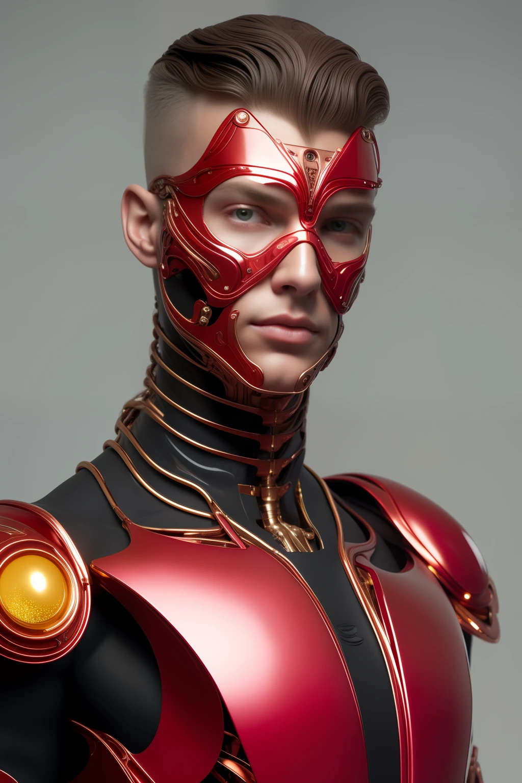 organic cyborg, male, red plastic, diffuse lighting, fantasy, intricate, elegant, dressed in shiny ferragamo suit with glitter details, highly detailed, realistic, photorealistic, digital painting, art station, illustration, concept art, soft, sharp focus, art by John Collier and Albert Aublet and Krenz Cushart and Artem Demura, all black background with yellow neon tones