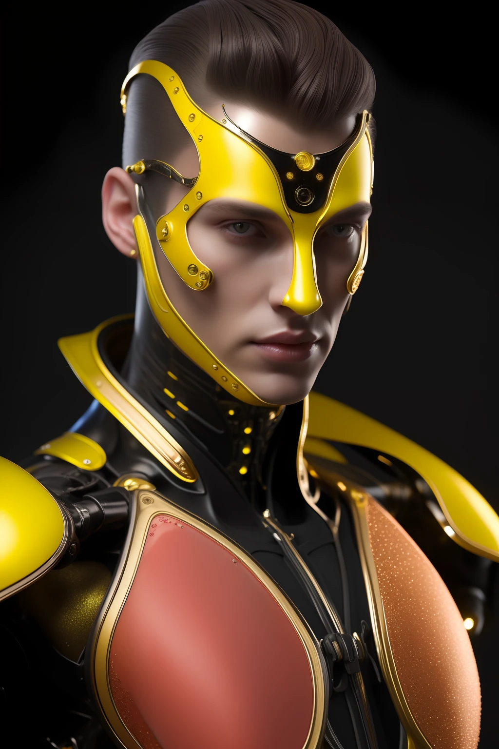 organic cyborg, male, red plastic, diffuse lighting, fantasy, intricate, elegant, dressed in shiny ferragamo suit with glitter details, highly detailed, realistic, photorealistic, digital painting, art station, illustration, concept art, soft, sharp focus, art by John Collier and Albert Aublet and Krenz Cushart and Artem Demura, all black background with yellow neon tones