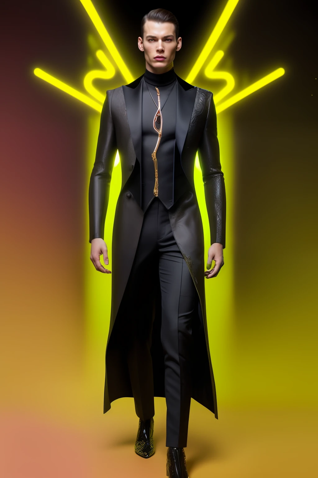 organic cyborg, male, red plastic, diffuse lighting, fantasy, intricate, elegant, dressed in shiny ferragamo tailored suit with glitter details, highly detailed, realistic, photorealistic, digital painting, art station, illustration, concept art, soft, sharp focus, art by John Collier and Albert Aublet and Krenz Cushart and Artem Demura, all black background with neon yellow tones
