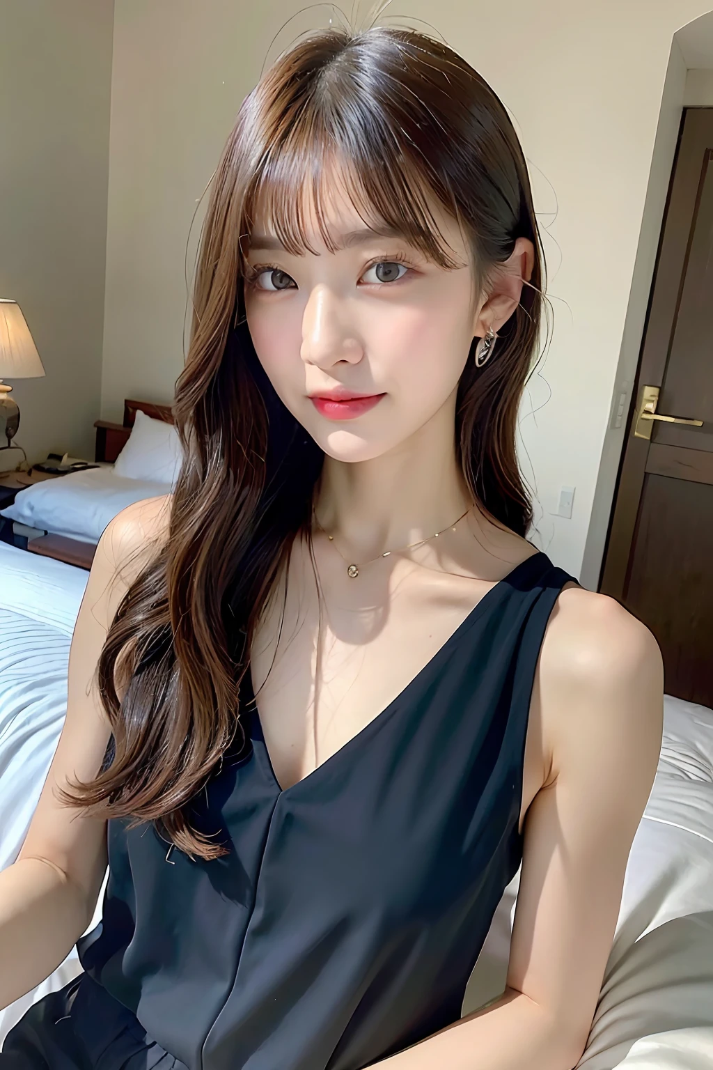 ((top-quality、8K、masterpiece:1.3))、1girl in、Pretty woman with accentuated slender abs:1.3、(Random Hair Styles)、dressed casually:1.2、hyperdetailed face、A detailed eye、二重まぶた、Emphasis on the chest、on the beds、sitting on、