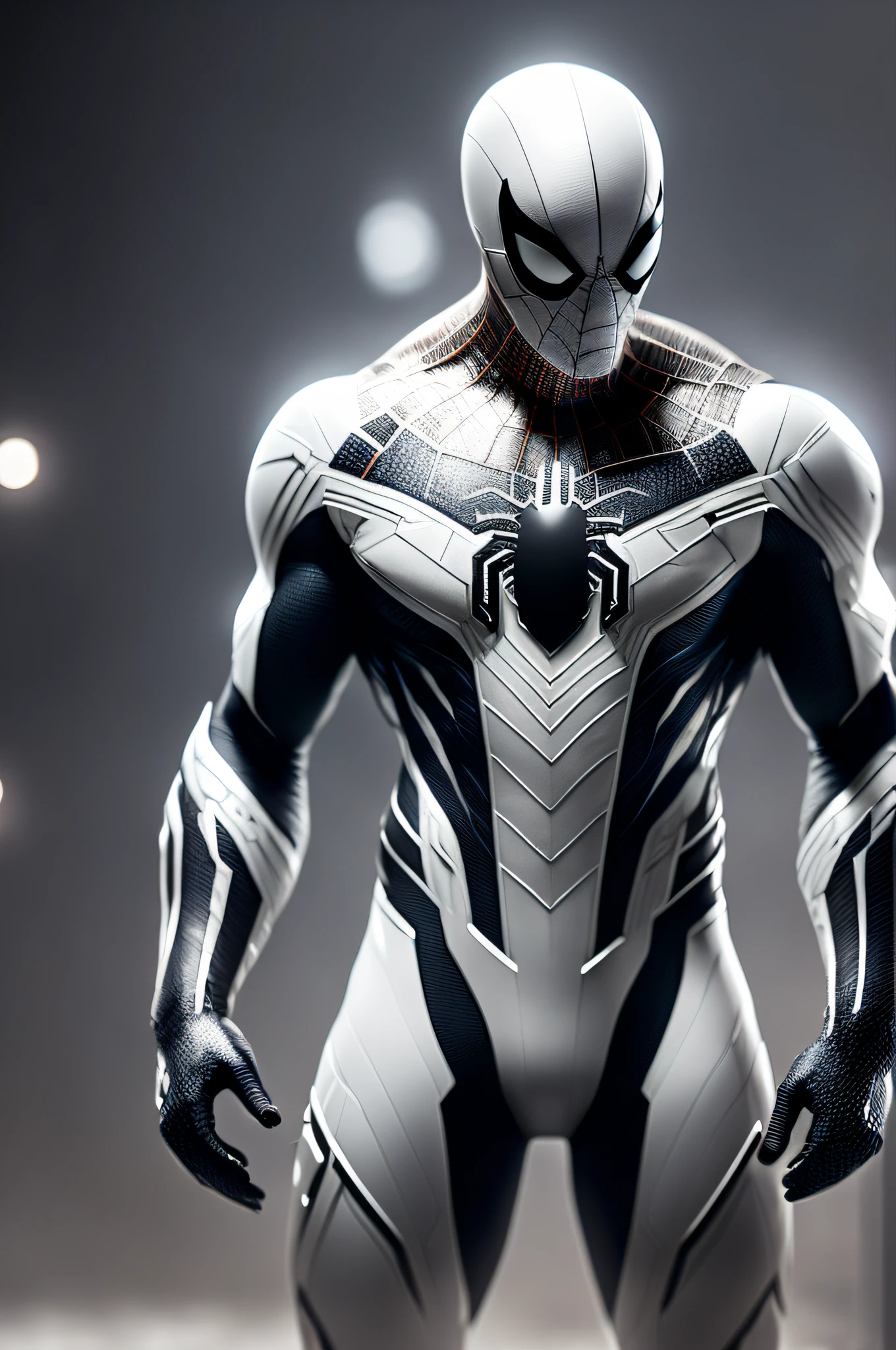 (8k, foto RAW, melhor qualidade, obra-prima: 1.2), ultra detalhado, arte oficial, foto-realista: 1.37,mulher vestida de spider man, black suit, spider in the center of your chest in white, organic looking clothing, gooey testura, symbiote, white eyes, fine art, PS5 cinematic screenshot, Highly detailed and detailed cinematic rendering, raytricing ultra fotorrealista, with cinematic lightingaction pose