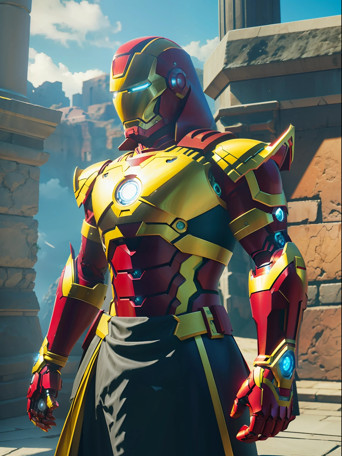 Iron man,medieval armor style, fkaa, txaa, rtx, ssao, OpenGL-Shader’s, post processing, post-production, cell shading, tone mapping, cgi, vfx, sfx, insanely detailed and intricate, hyper maximalist