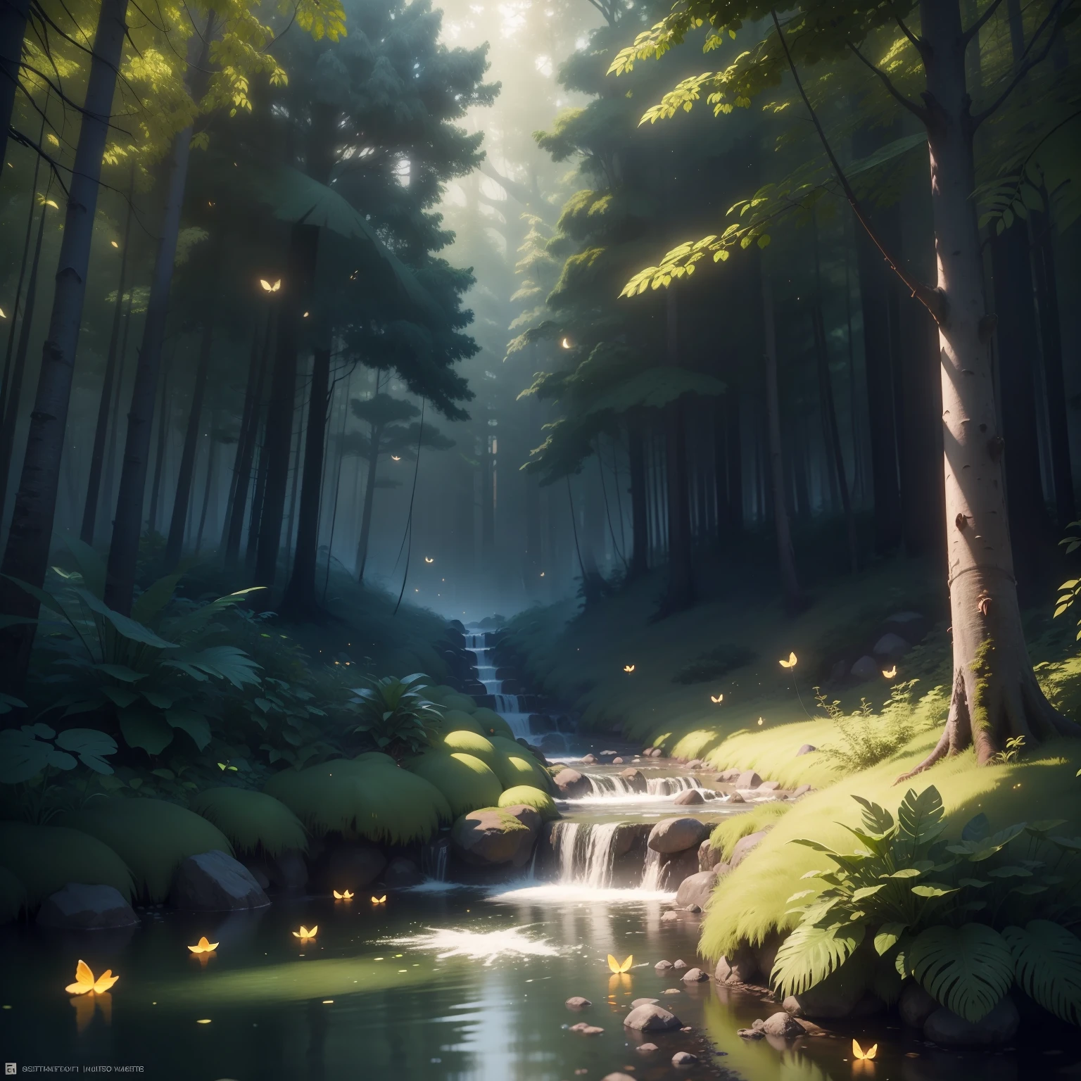 Masterpiece, best quality, (highly detailed CG unity 8k wallpaper), (better quality), (better illustrations), (better shadows), forest theme with natural elements. Tall trees, quiet streams, glowing small mushrooms surrounded by delicate leaves and branches, with fireflies and glowing particle effects, (natural elements), (jungle theme), (leaves), (branches), (fireflies), butterflies, ( delicate leaves ), (glow), (particle effects). , isometric 3D, octane rendering, ray tracing, hyper detail
